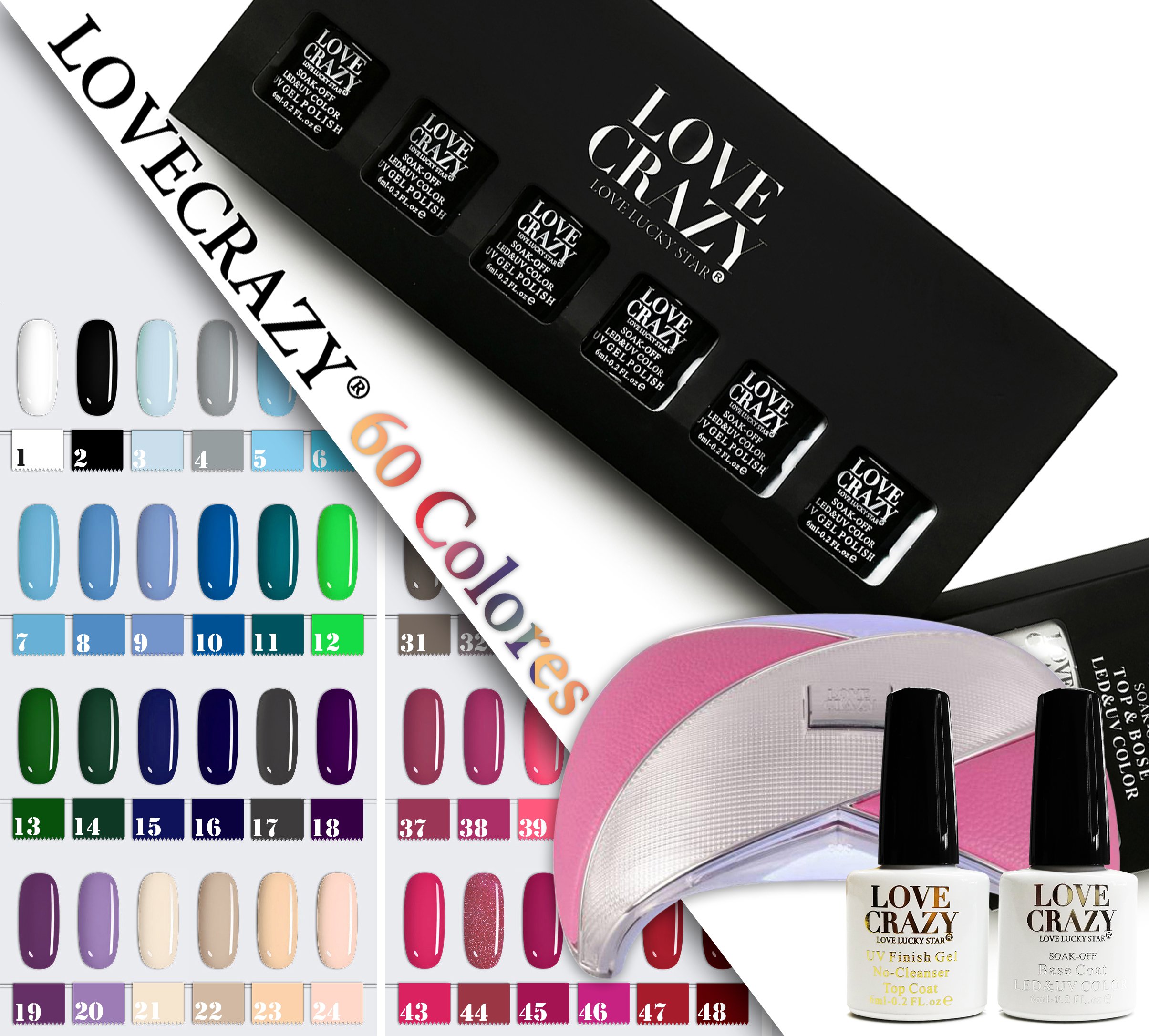 LOVECRAZY® Esmaltes de Gel Semipermanente para Uñas, Paquete de 60 Colores, Base Coat y Top Coat, Lámpara Secador de UV/LED