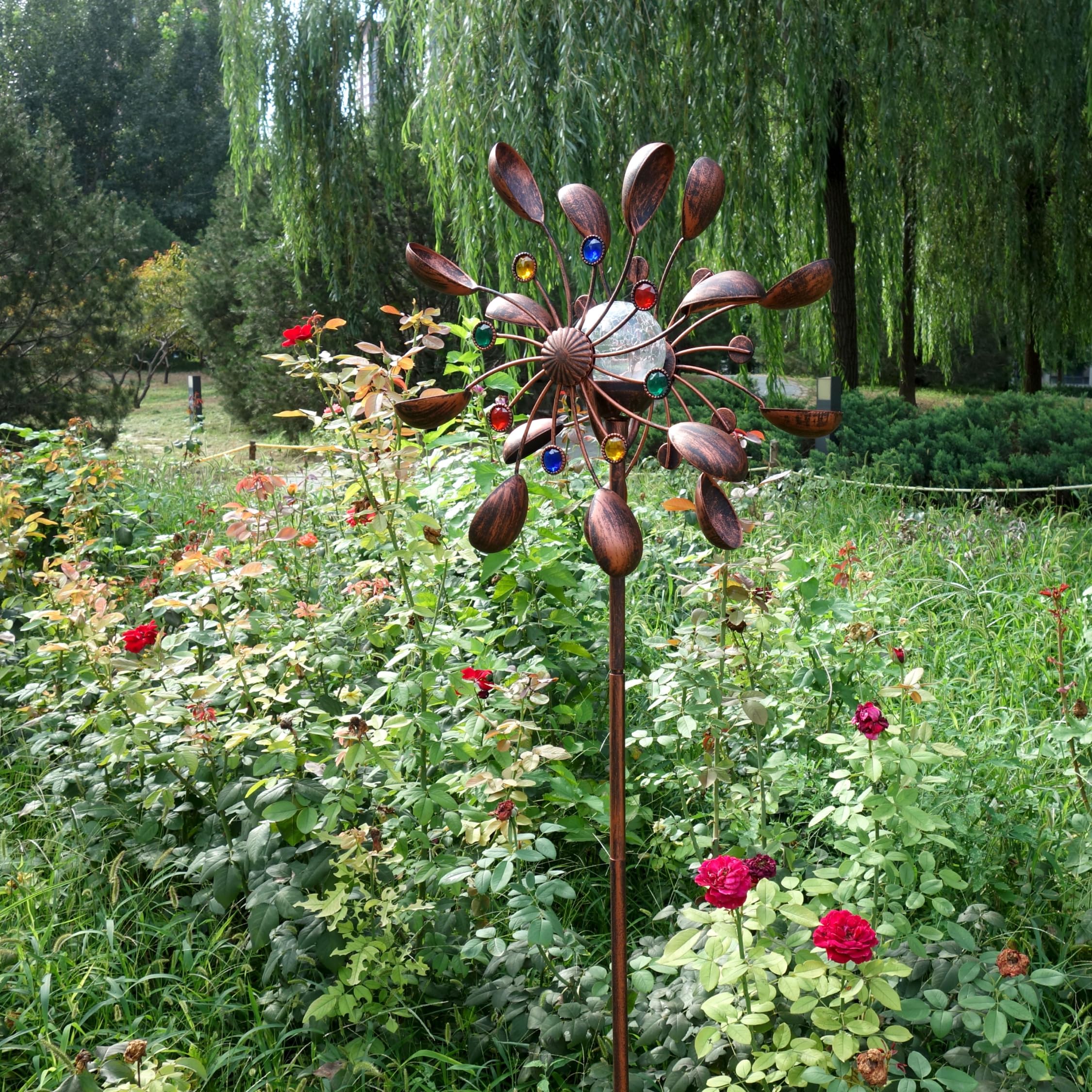 Molinillo de Viento Solar de 75 Pulgadas - Adorno de jardín con LED Que Cambia de Color, Bronce Antiguo y Doble dirección de Movimiento para césped, Patio y jardín con Estabilidad de por Vida