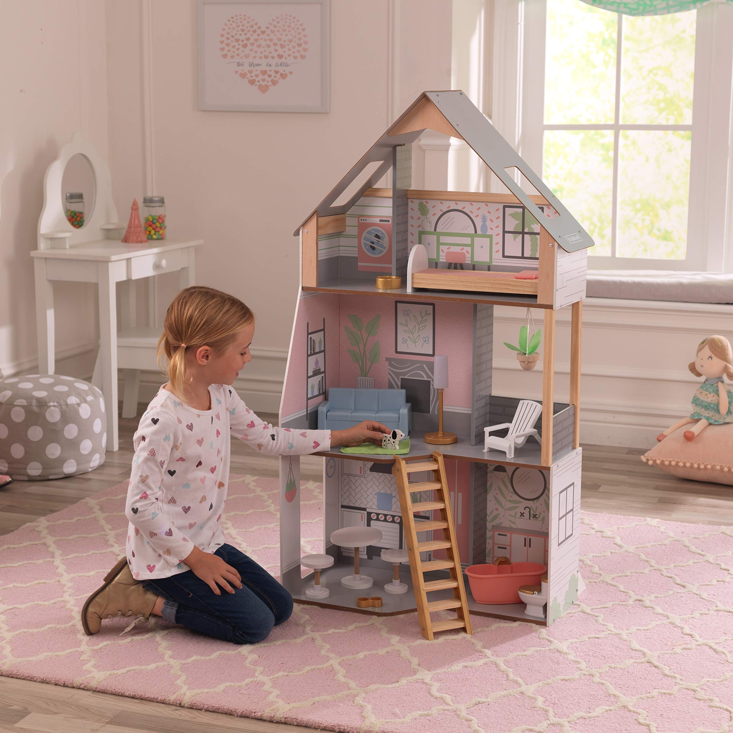 KidKraft 10229 Alina domek dla lalek z drewna z meblami i akcesoriami, zestaw do zabawy z trzema poziomami zabawy dla lalek o wielkości 30 cm