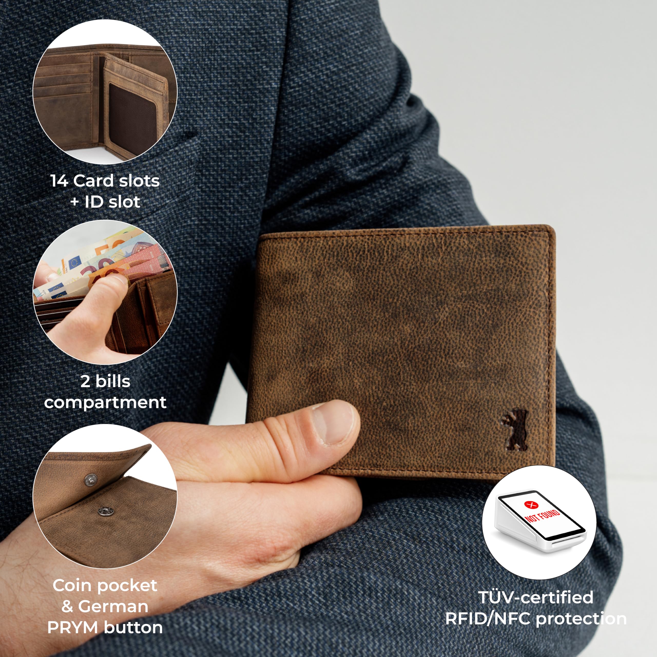 Berliner Bags Portafoglio Uomo in Vera Pelle con Protezione RFID, 4 Carte, 2 Scomparti Banconote, Portamonete, Tasca Documenti, Gettone Carrello, Scatola Regalo – Marrone