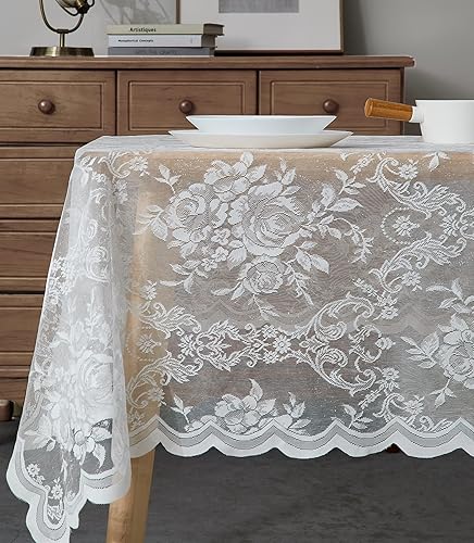 Miniatura 10 de LinenZone Hermoso mantel de encaje oblongo, con elegante fondo festoneado para cualquier evento especial como bodas, fiestas de cumpleaños, baby