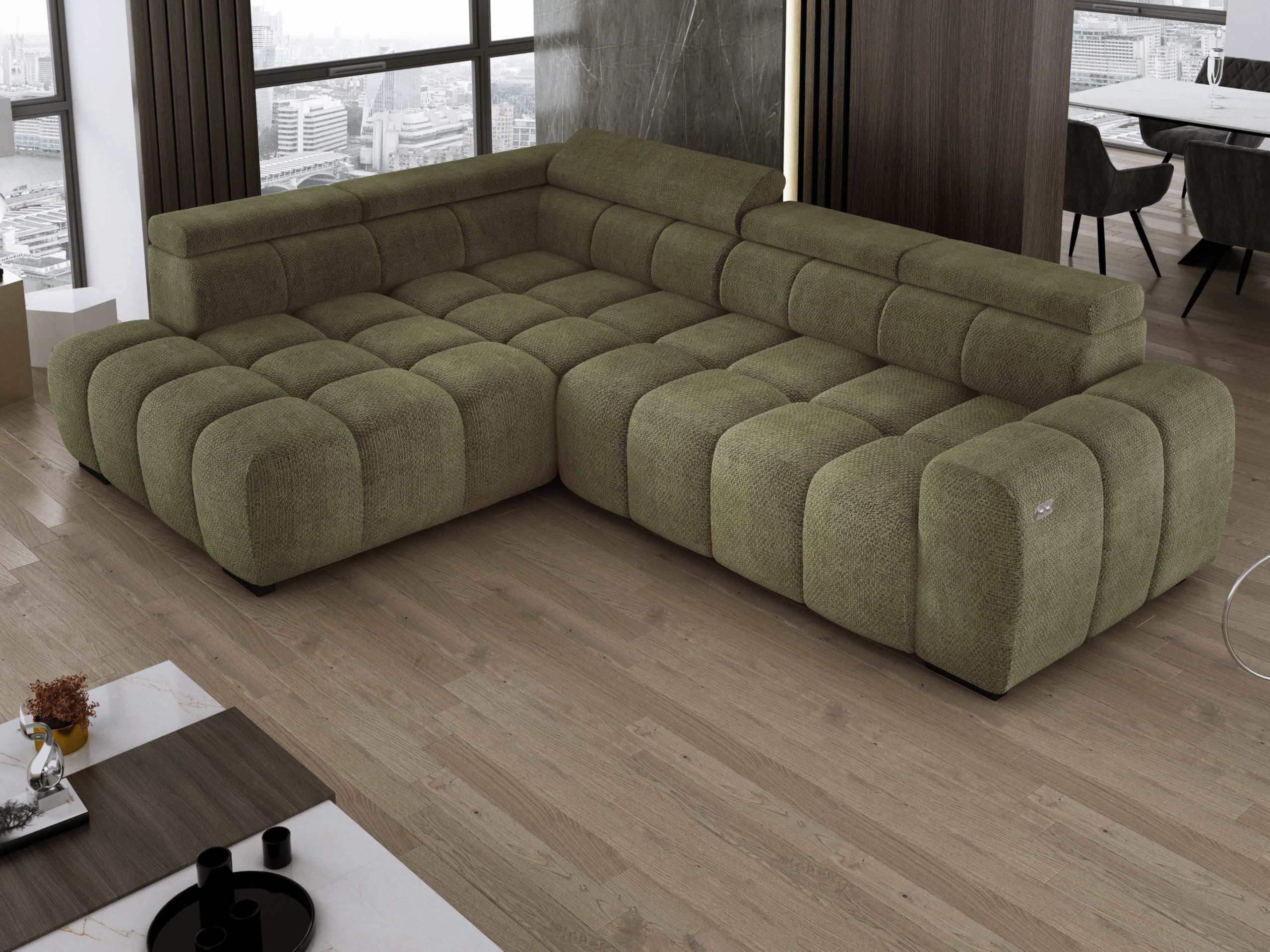 DomoHome Freistehend Ecksofa Ombo 297x137cm, L-Form, GRÜN mit Schlaffunktion 125x193cm, Sofa mit Verstellbarer Rückenlehne, Strukturstoff Eden, Verstellbare Kopfstütze