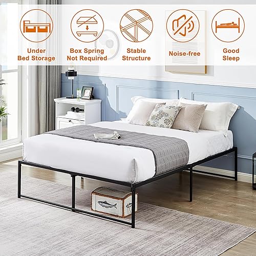Miniatura 13 de VECELO Base de cama Queen con plataforma de metal de 14 pulgadas con almacenamiento, soporte de listones de acero antideslizante resistente, no