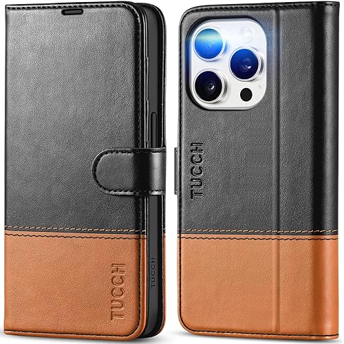 TUCCH Funda tipo cartera para iPhone 15 Pro, bloqueo RFID, 4 ranuras para tarjetas, función atril, funda interior de TPU a prueba de golpes, funda