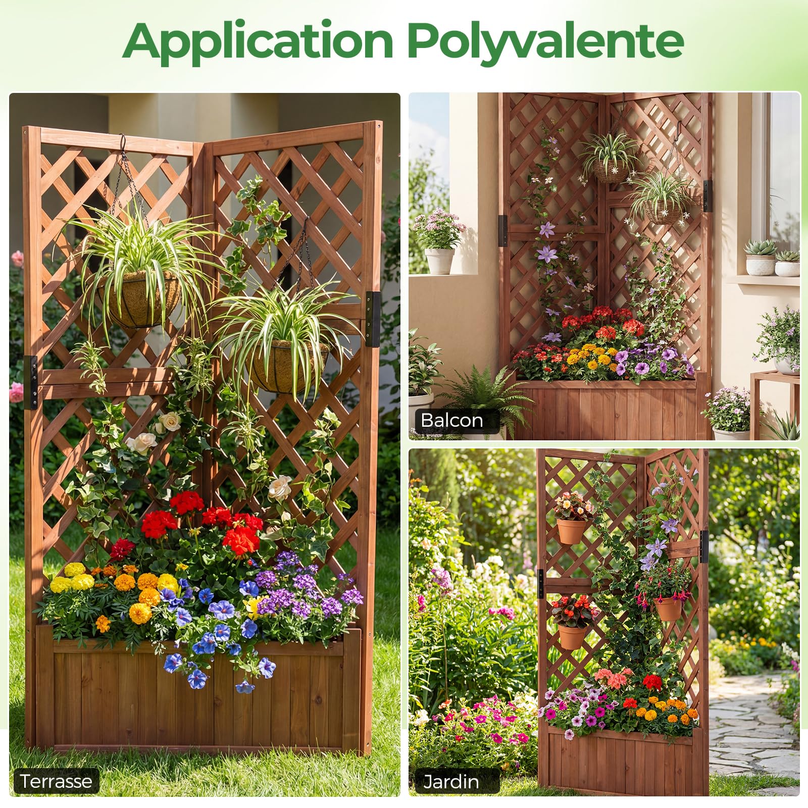 RELAX4LIFE Jardinière d'angle avec Treillis, Jardinière Surélevée en Bois de Sapin, Design 90° pour Coins, Base Amovible avec Trous de Drainage, Bac à Fleurs pour Balcon Jardin Terrasse (Marron)