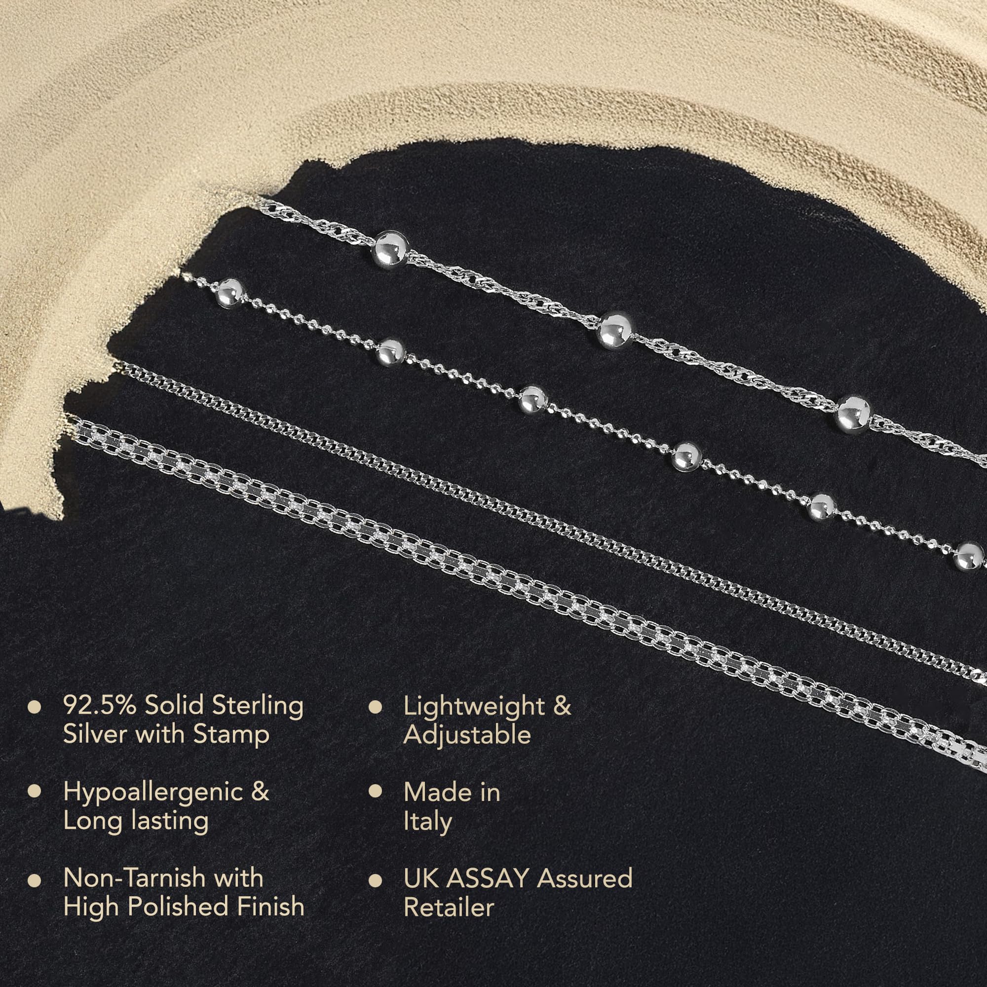 Amberta Tobillera Plata de Ley 925 para Mujer | Pulsera Tobillera Plata Italiana | Joyas Verano