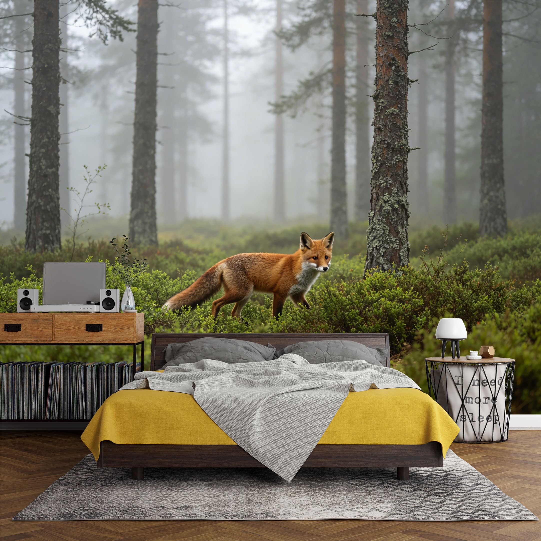 Custom Size Wall Mural， Forest Red Fox Misty Woodland Landscape Nature Scene，SelfAdhesive Art Prints wall Fabric (No PVC) Removable Wallpaper Living Room Decor
