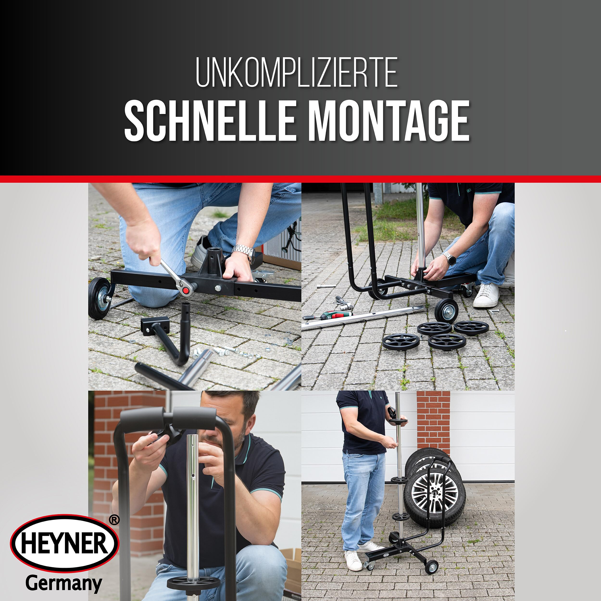 HEYNER® Felgenbaum fahrbar bis 100 kg und 285 mm Reifenbreite mit Griff | ergonomische Softgriffe, inklusive Staubschutzcover 90 x 150cm, Lenkrolle mit Feststellbremse für einfache Manövrierbarkeit