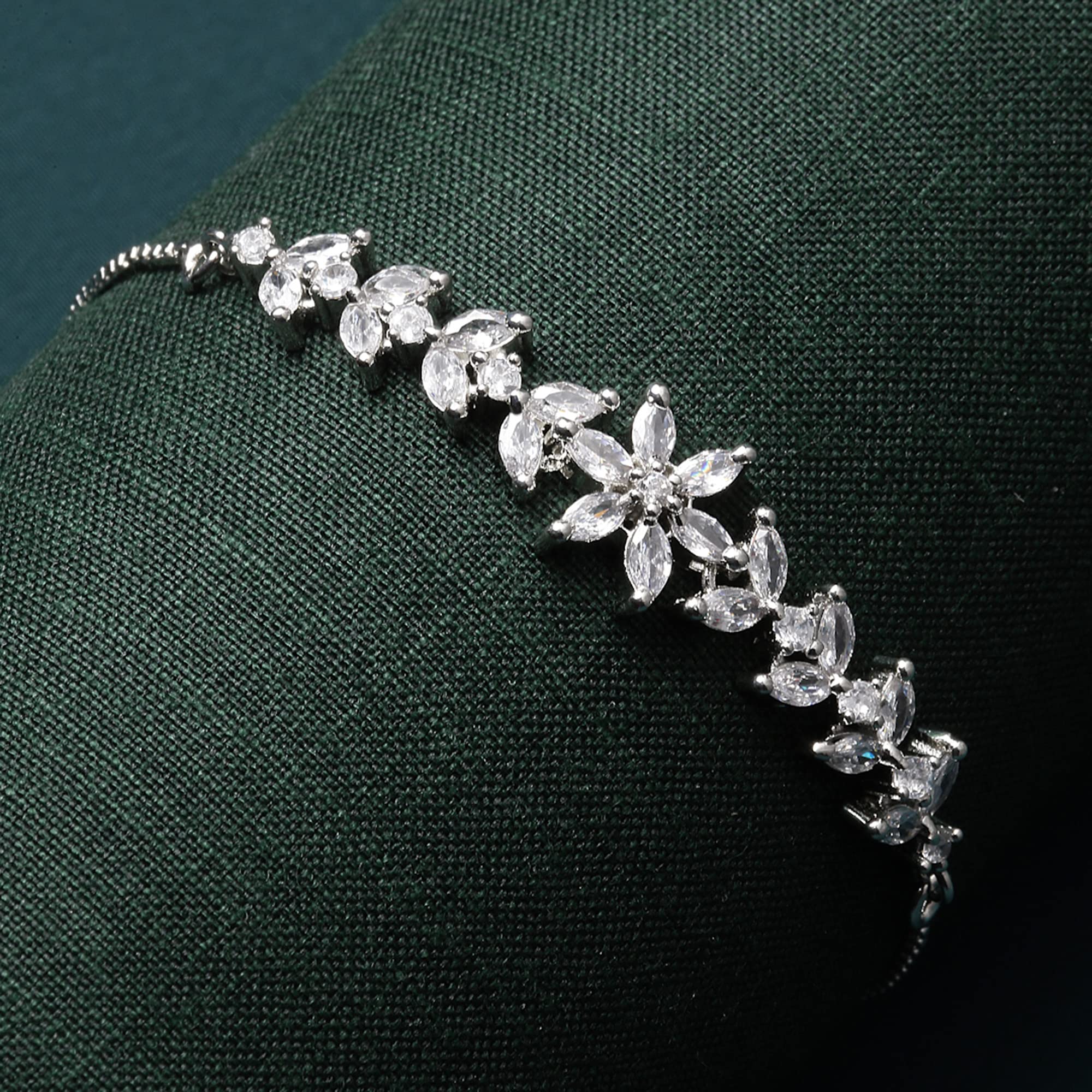 ZENEME Bracelet Rhodium-Plated Silver Toned Stylish Flower Shaped Crystal American Diamond Charm Bracelet For Women and Girls 1