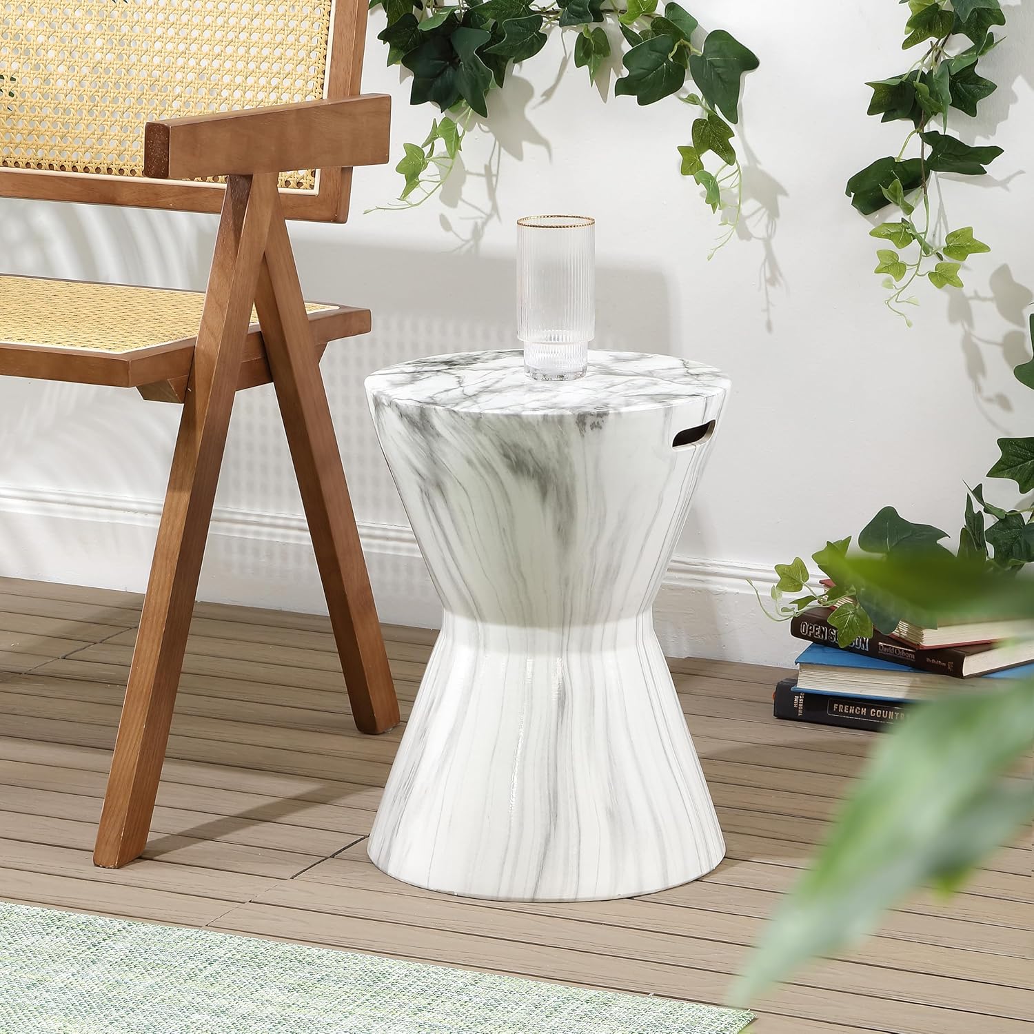 JONATHAN Y TBL1020A African Drum 17.3" White Marble Finish Ceramic Indoor/Outdoor Garden Stool, Contemporary, Midcentury, Modern, Scandinavian, Side Table, Plant Stand,Spill-Proof, White Marble Finish