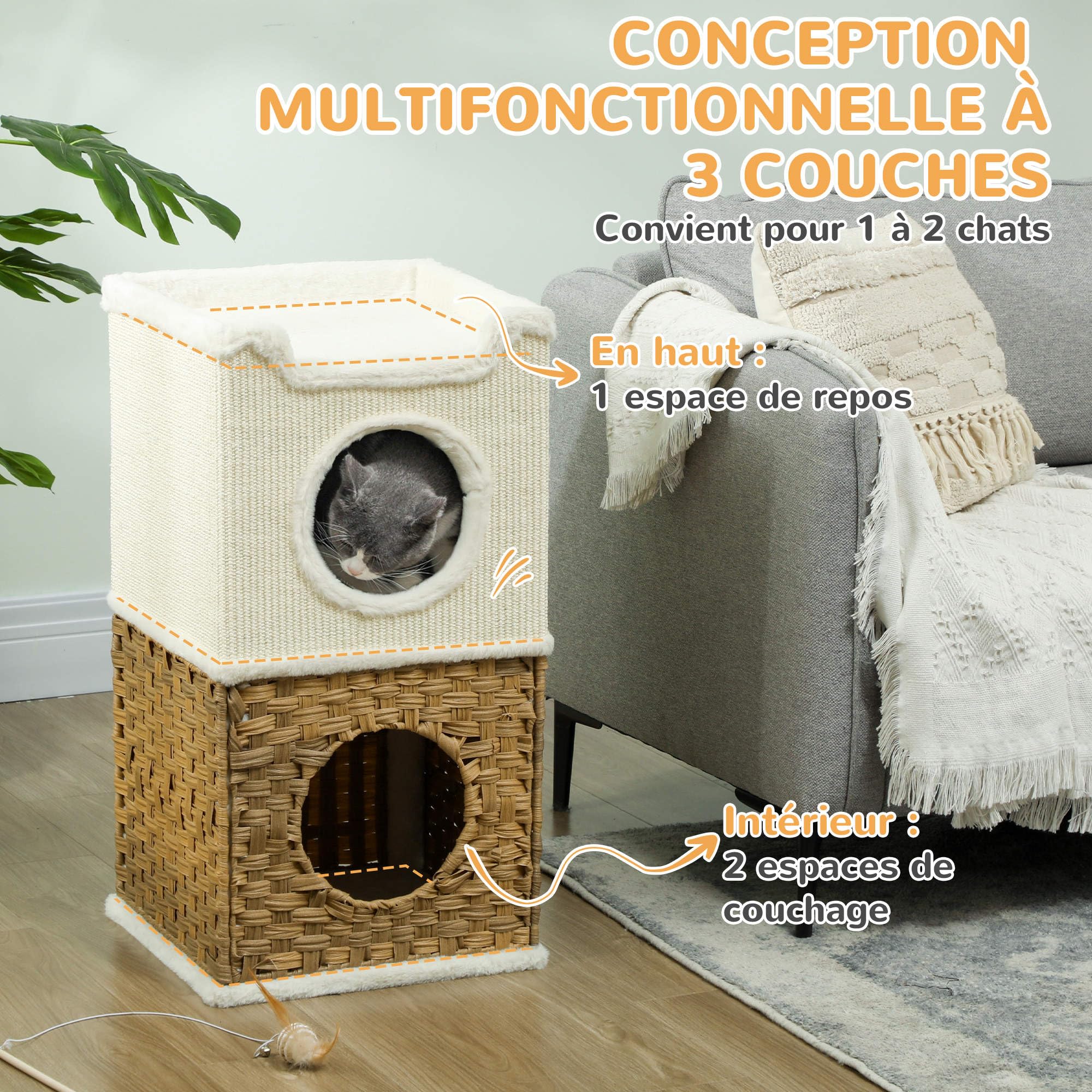 PawHut Niche pour Chat d'intérieur à 3 Niveaux avec Plateau supérieur Ouvert, Tour pour Chat, tonneau à gratter en sisal pour Animaux jusqu'à 6 kg, 41 x 41 x 75,5 cm, crème