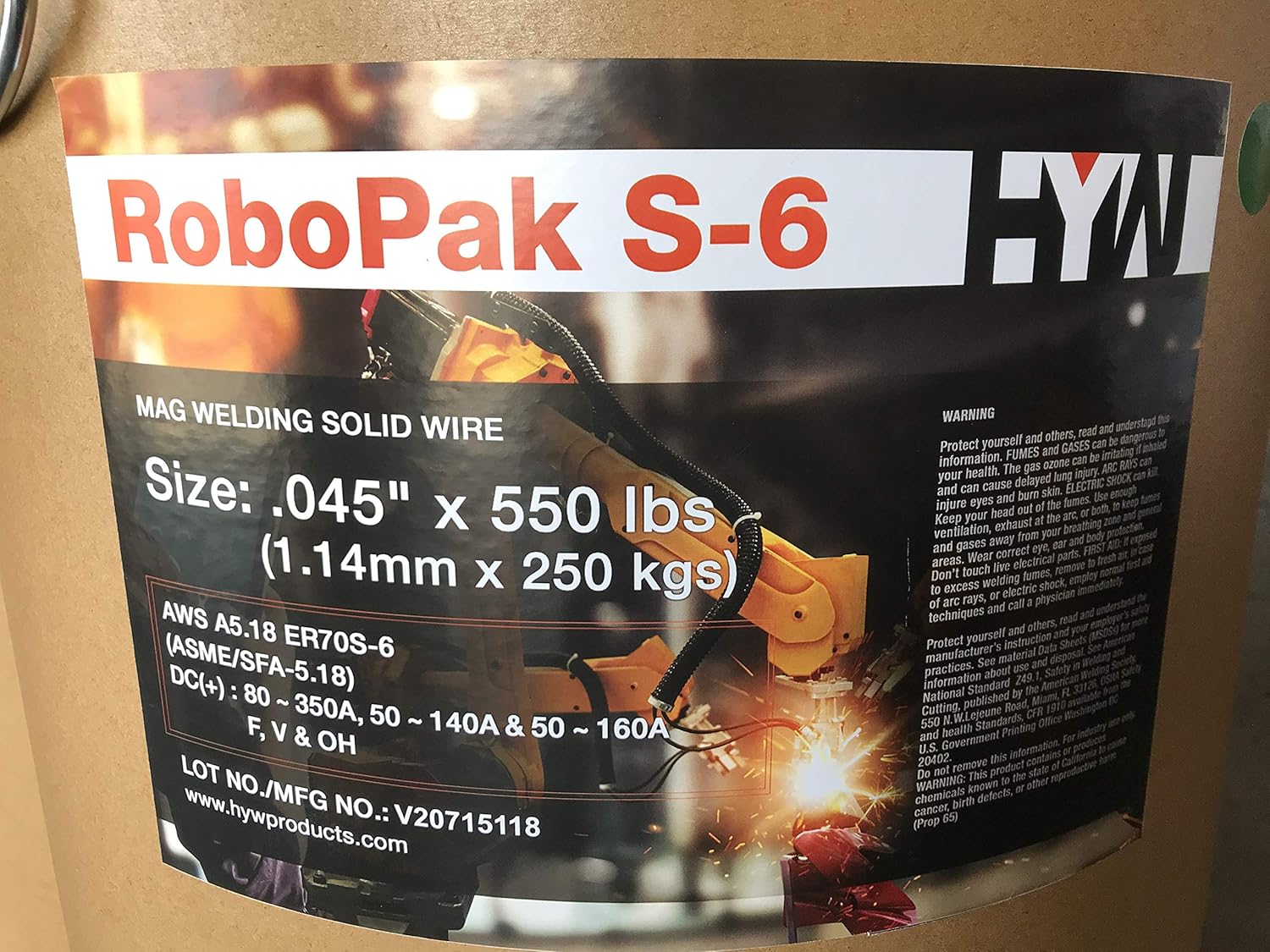 .045" ER70S-6 HYW RoboPak S-6 Carbon Steel MIG Wire 550 lb Drum Pack (2 Drums)