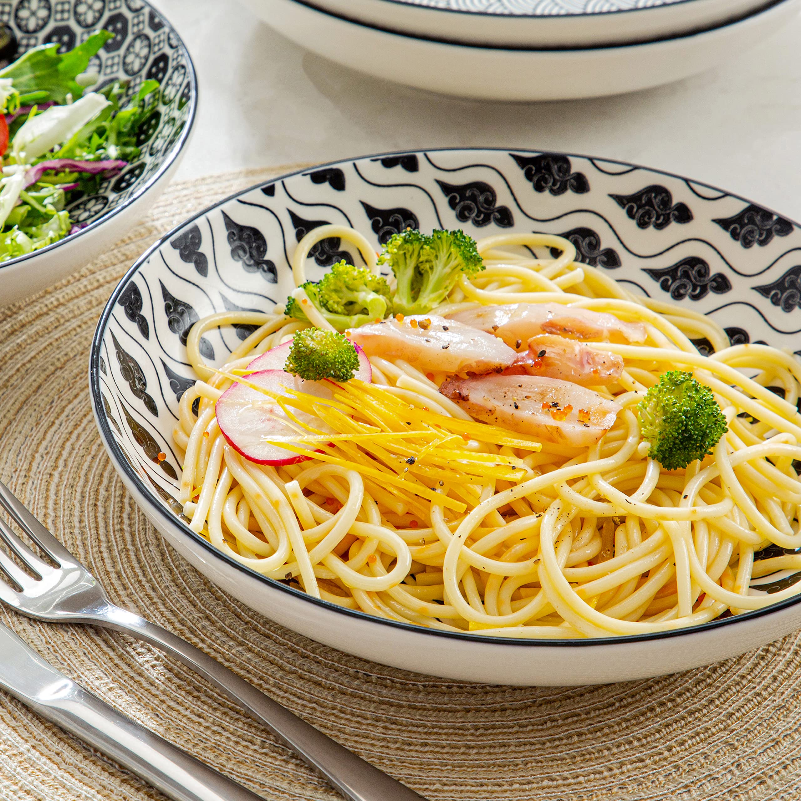 vancasso Serie HARUKA Platos llanos, Platos para pasta, Espagueti, Platos de porcelana para 4 personas, Desayuno estilo japonés/Poke Bowl