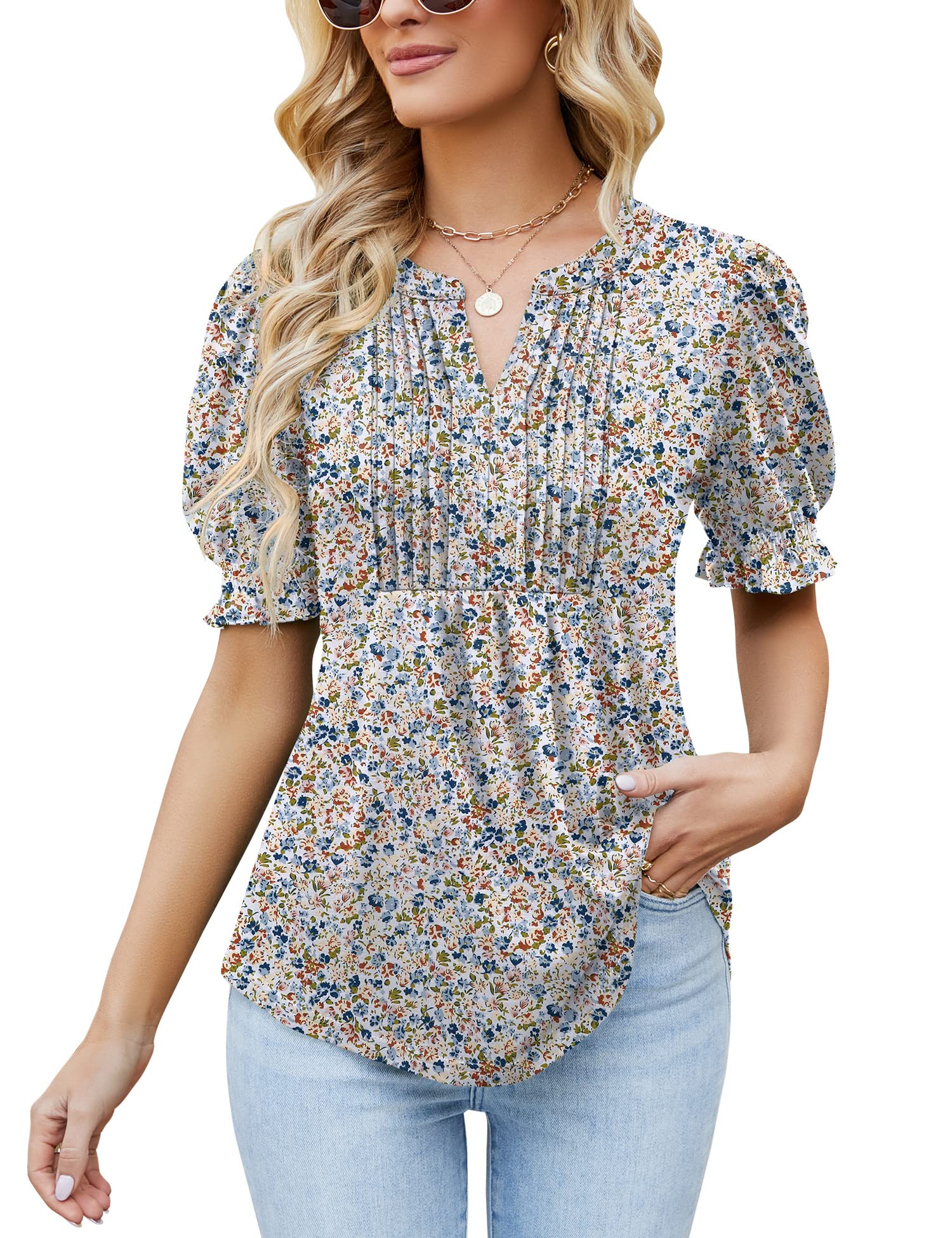 Ivicoer Women's Summer Puff Short/Long Sleeve Tops V Neck Pleated Shirts Floral Tunic Blouses Dressy Casual S-XXL