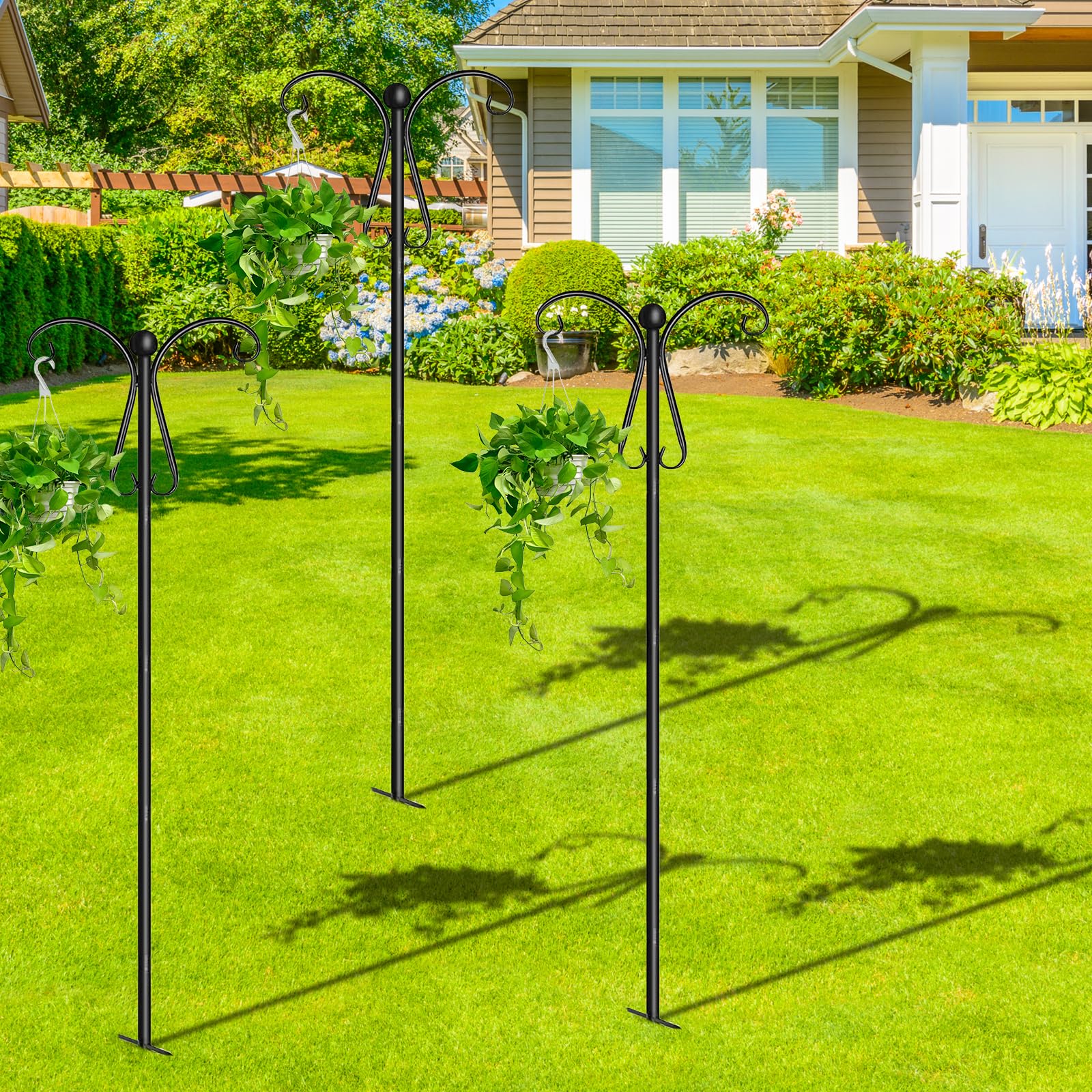 Gancio per pastore 240 cm, Gancio doppio da giardino con 5 denti, Asta per mangiatoia per uccelli, Gancio per arco da pastore, per luci solari, cesti per piante, lanterne, casette per uccelli