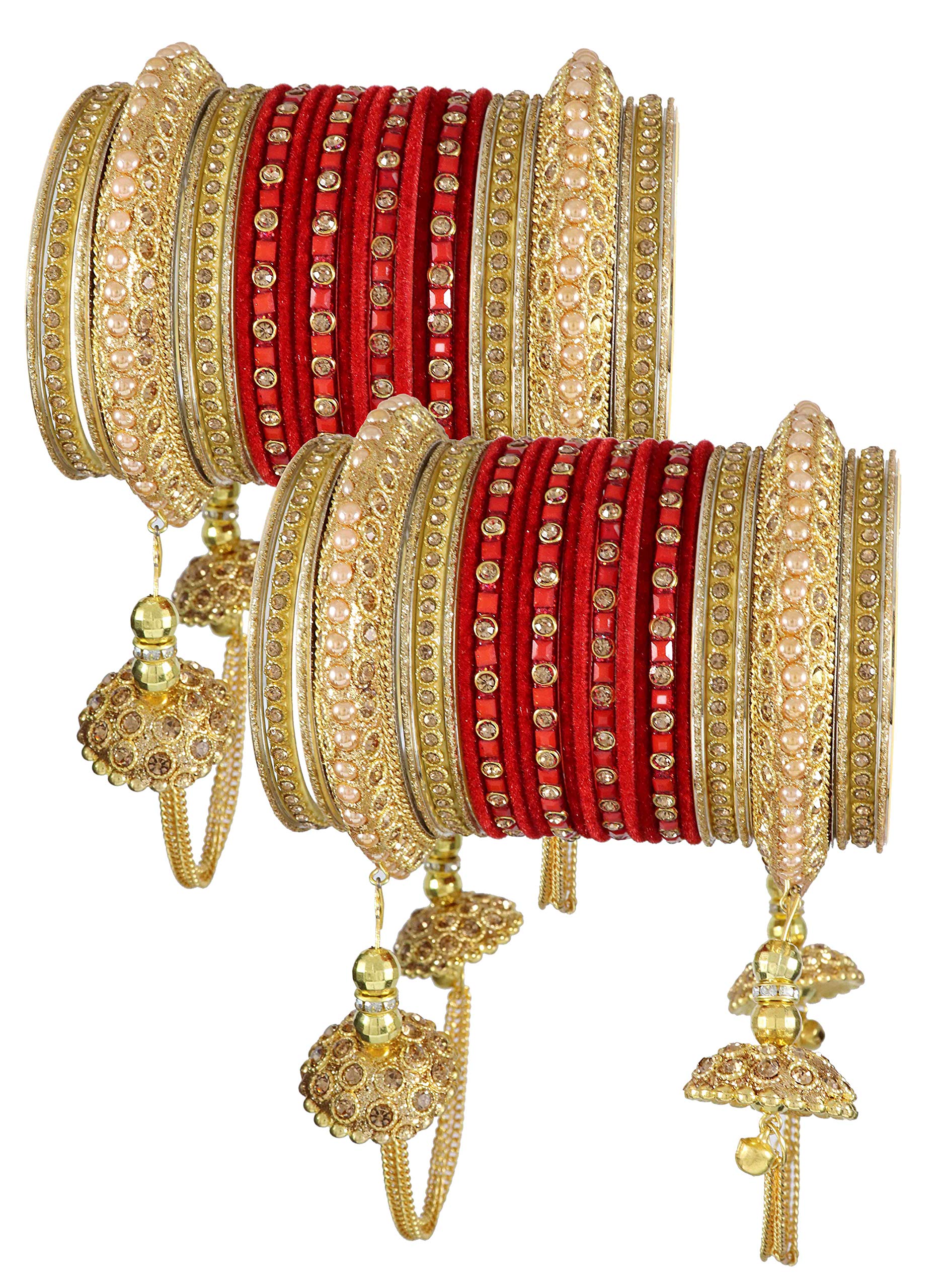 ZULKA Get your traditions Metal with Zircon Gemstone Or Beads Studded worked and Velvet worked Glossy Finished Latkan Chuda Set For Women and Girls, (Red_2.4 Inches), Pack Of 52 Bangle Set