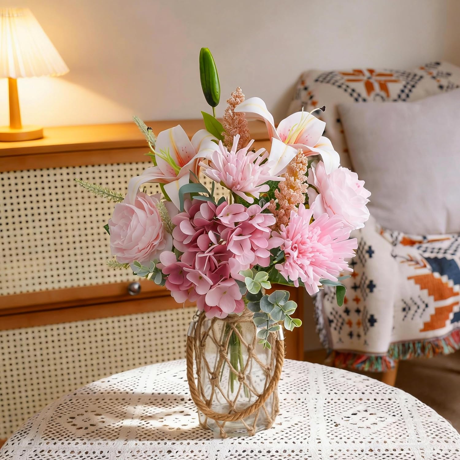 LUEUR Fake Flowers with Vase –Hydrangea & Lily Artificial Floral Arrangement, Perfect for Mother’s Day & Spring Gifts, Tabletop Centerpiece for Coffee Table, Dining Room & Farmhouse Home Decor