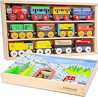 ORBRIUM 12PCS Magnetic Wooden Train Set with Patented Box Cover Tunnel - Compatible Thomas Brio Melissa & Doug - Kids Toddlers Boys Girls