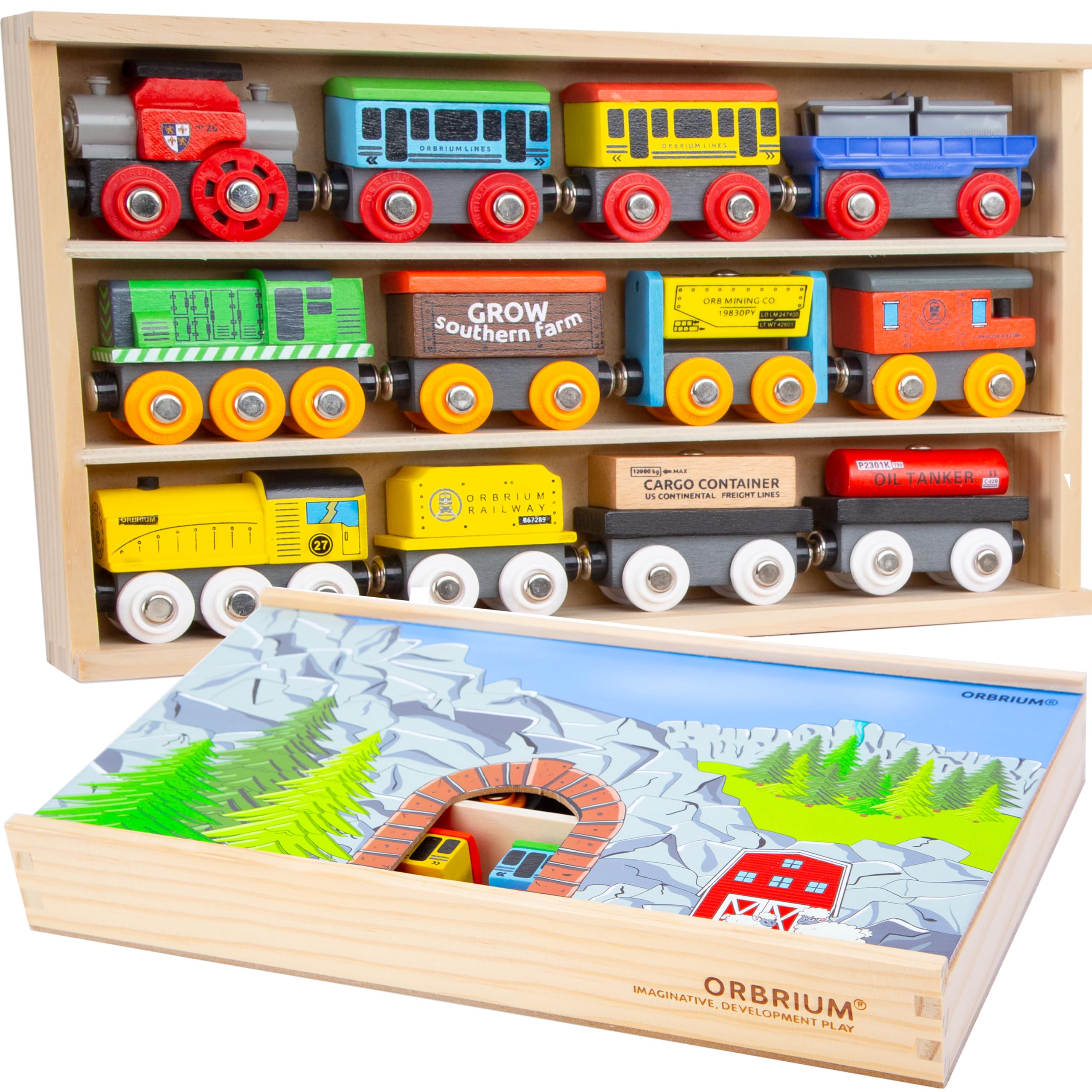 Wooden Train Set 12 PCS Magnetic Toy Train Cars with Storage Box Cover Tunnel Compatible with Thomas Brio Melissa and Doug Wooden Railway Toys for Grandkids Kids Toddlers Boys Girls