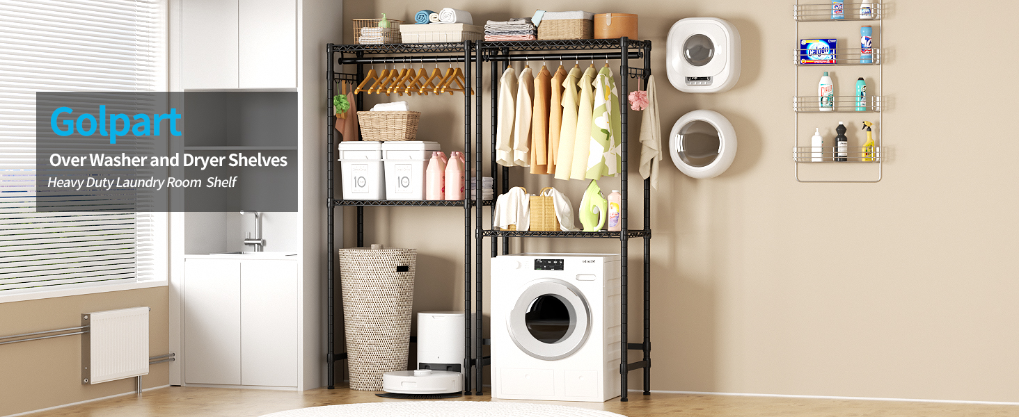 Laundry Room Storage Shelf, 2 Tier Metal Over Washer And Dryer Shelves, Washing Machine Shelf With Hanger Rods & Hooks, Expandable Bathroom Space Saver Shelf, 26–36.8" L X 18.3" W X - View #3