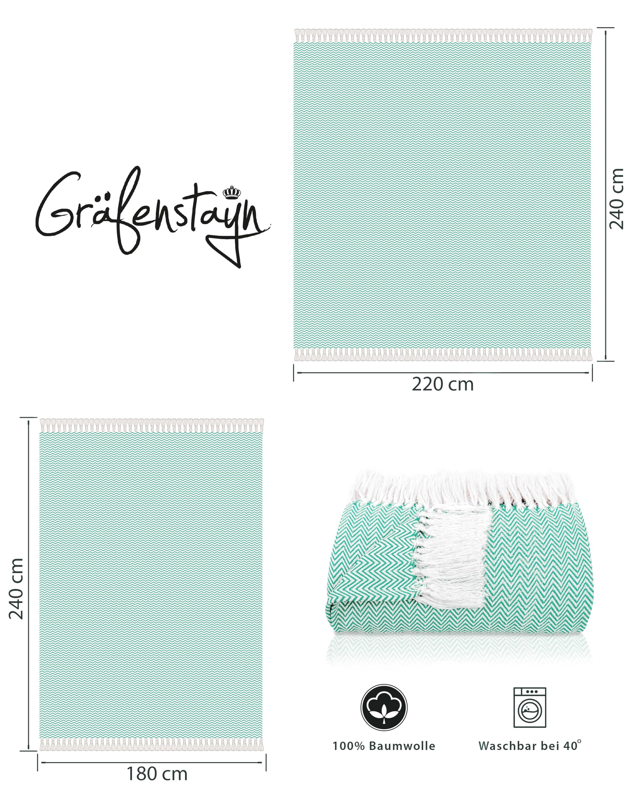 Gräfenstayn Narzuta premium z frędzlami, 100% bawełna, 220 x 240 cm, wzór w jodełkę, kołdra letnia, bawełniana narzuta na łóżko, kanapę, kolor miętowy