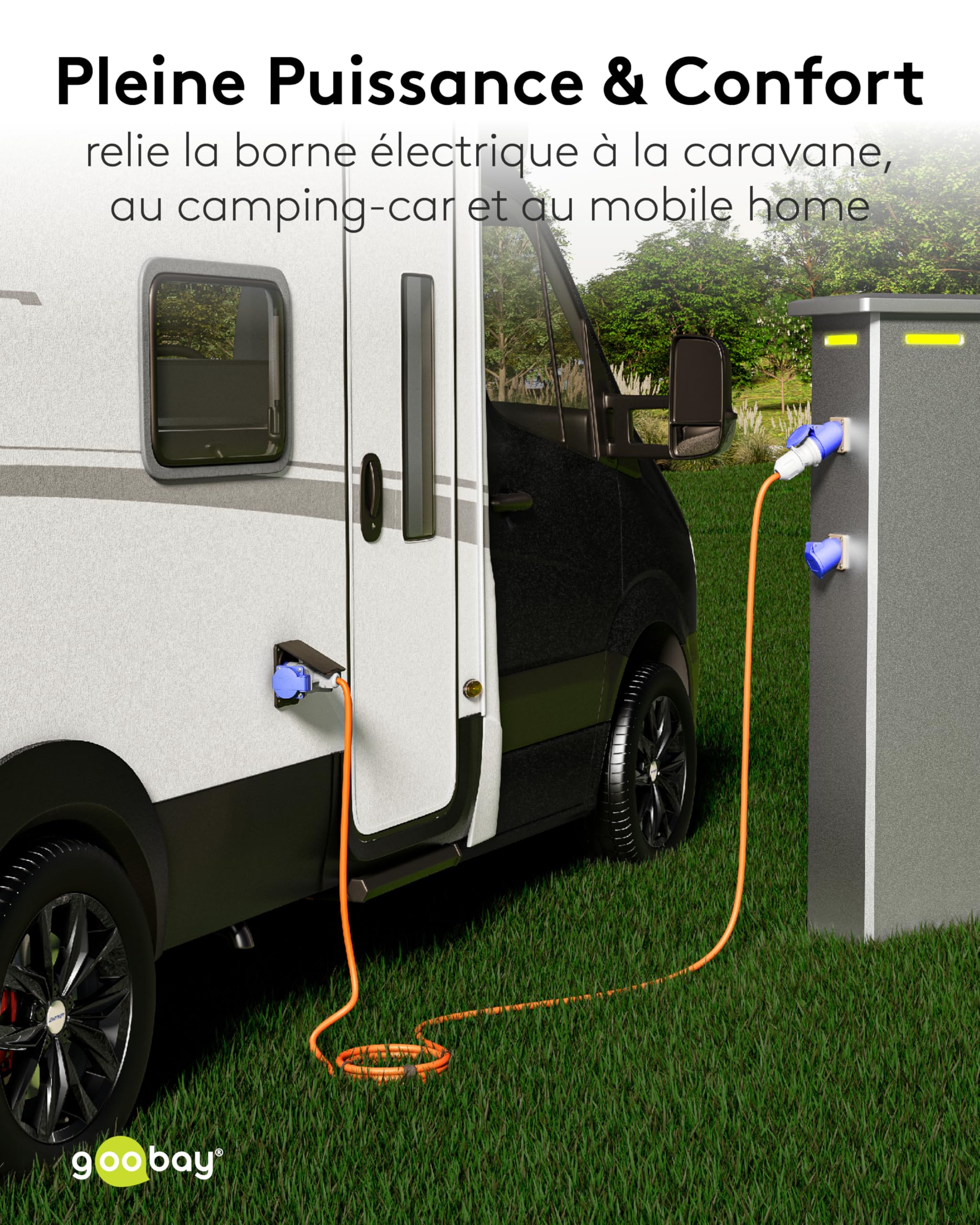 goobay Câble Adaptateur CEE pour Caravane, 10 m, Prise CEE vers 1 Prise CEE et 2 Prises avec Contact de Protection, IP 44, câble de Camping, Camping-Car et travaux 76266