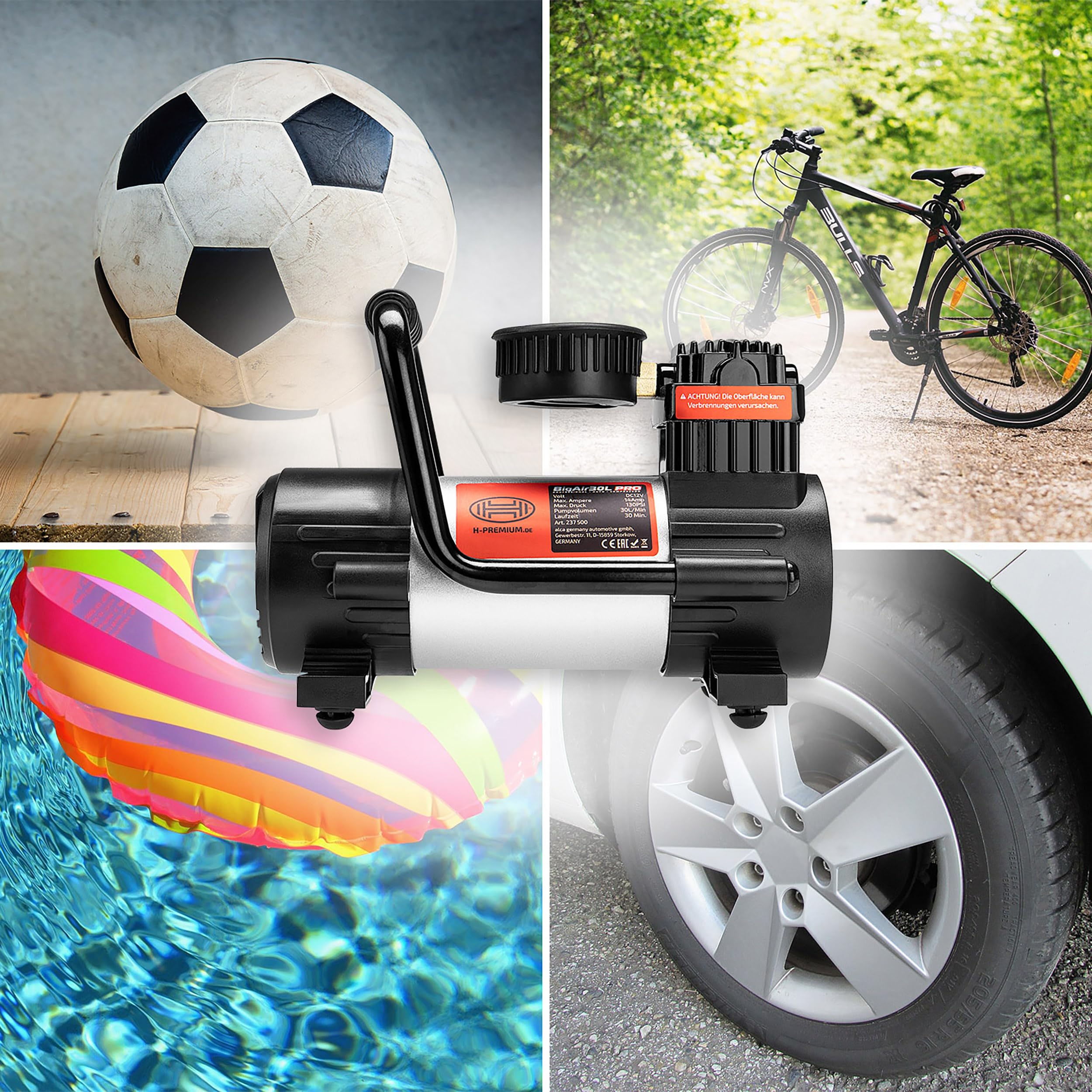 HEYNER® Minikompressor 12 V Luftpumpe für Autoreifen mit Druckanzeige | Integrierte SMD Arbeitsleuchte, 9 Bar Nennleistung, Inklusive 4 Adaptern, Praktische Tragetasche, Kurze Wartezeit