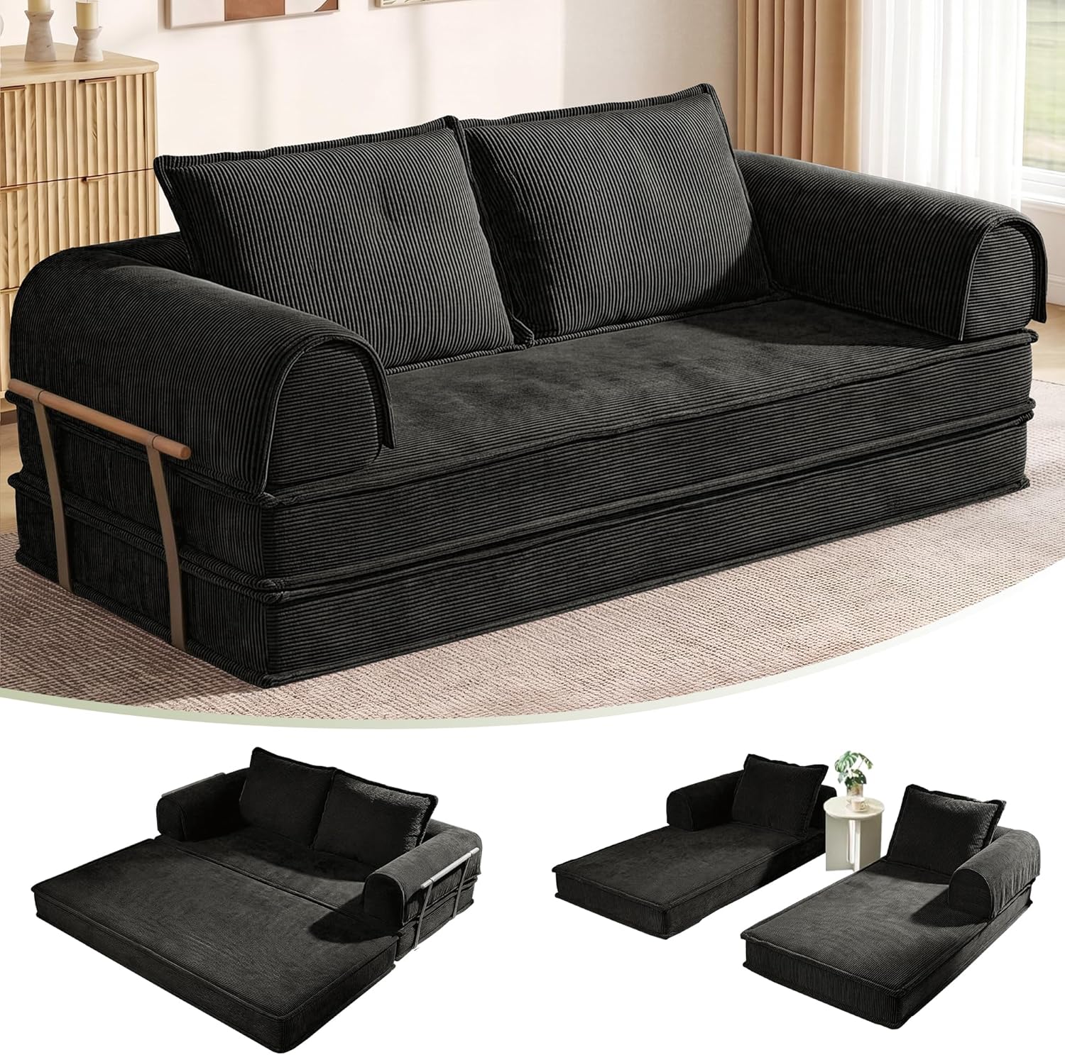 79" Convertible Sleeper Sofa Bed,5-in-1 Corduroy Folding Boneless Modular Floor Couch, Loveseat with Pull-Out Bed,Space-Saving Futon Mattress Couches for Living Room Bedroom Lounge,Black
