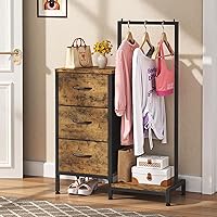 AFLUI Rustic Brown Dresser with Hanging Rack & 3 Fabric Drawers - Bedroom Organizer for Small Spaces & Kids