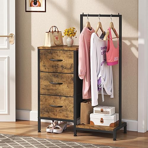 Dresser for Bedroom with Hanging Rack, 3 Drawers Dresser for Bedroom - Rustic Brown