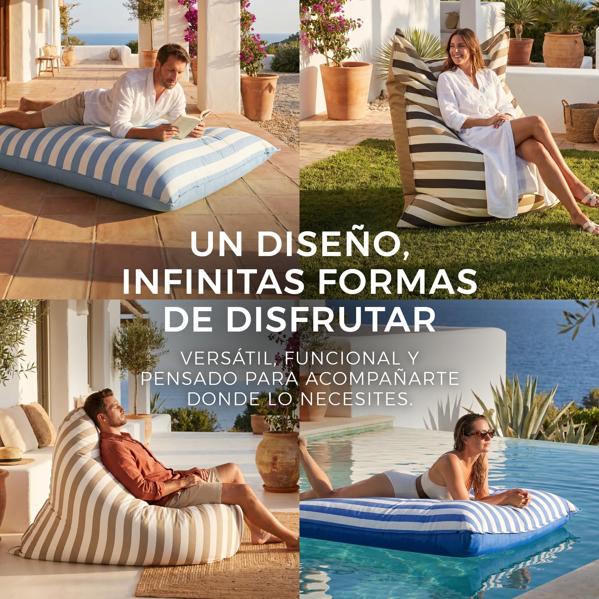 HAPPERS Big Puff Toldotex - Puff Gigante de Exterior e Interior, Puff Flotante para Piscina y Jardín, Tela Resistente al Sol y Agua, Relleno Incluido, Desenfundable y Lavable, 127x155 cm, Beige
