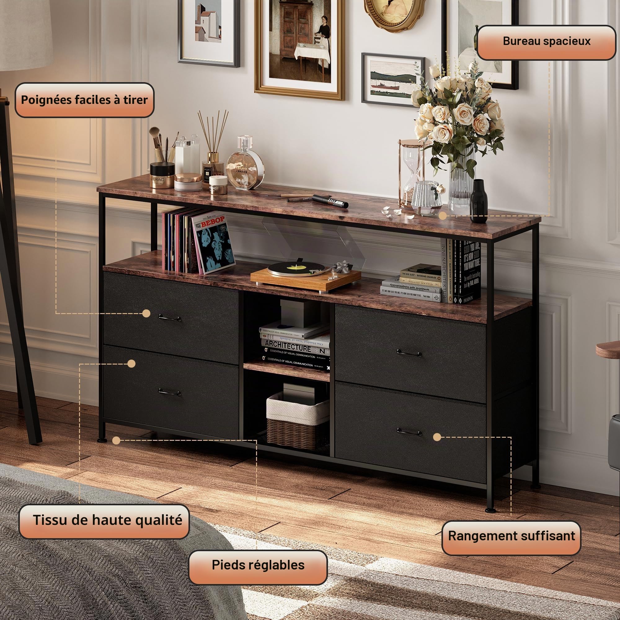 MEXUS Meuble TV, LED Meuble Tele Haut, Meuble TV avec Rangement, Etagères Réglables, 4 tiroirs en Tissu, Intégrez Solutions Rangement Optimisez Visionnage Améliorez L'esthétique (Noir, 137cm)
