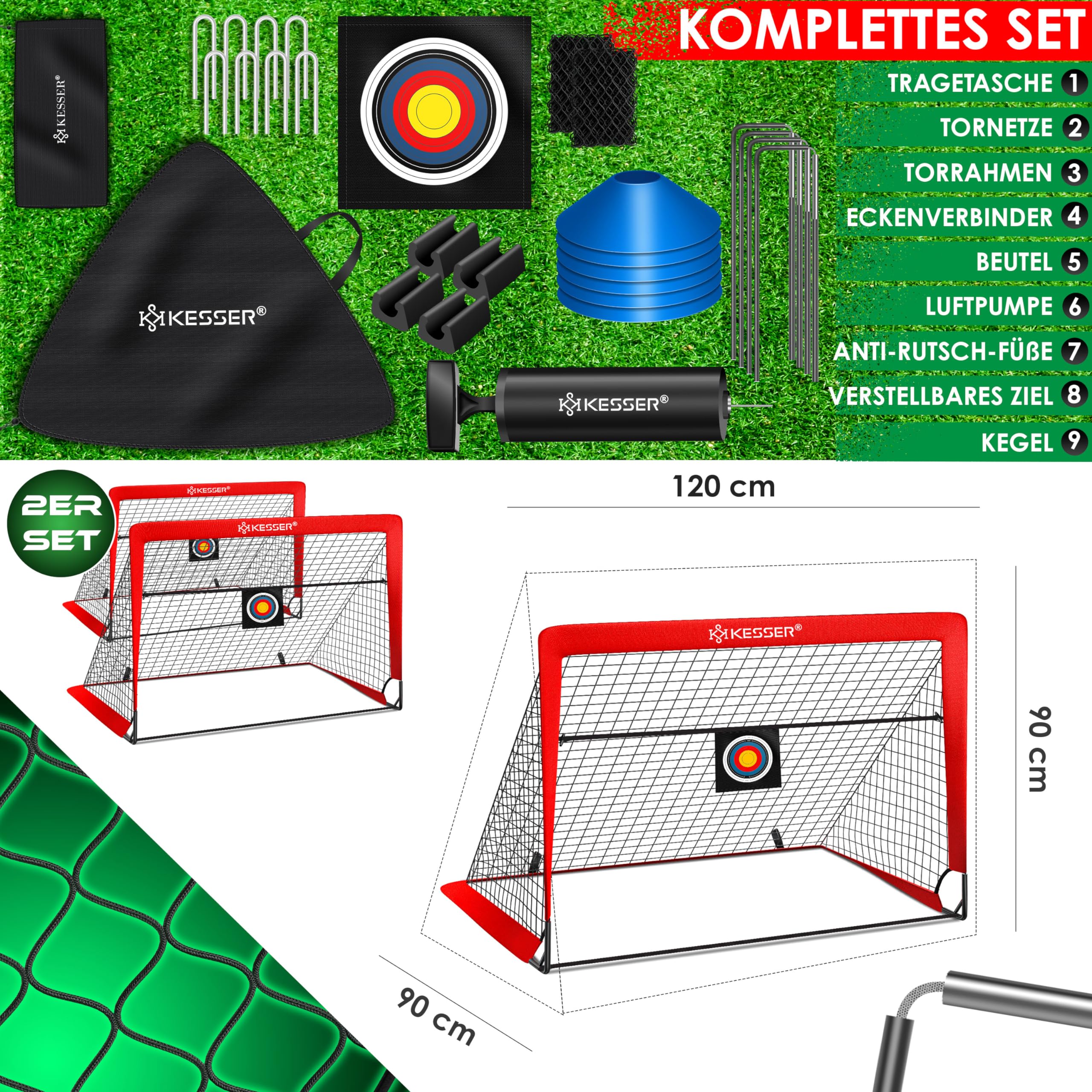 KESSER® Cancelli da calcio per bambini,Set di 2 | Porte da calcio pieghevoli in fibra di vetro per interni, esterni e giardini | Con borsa per il trasporto 6X coni + Pompa,