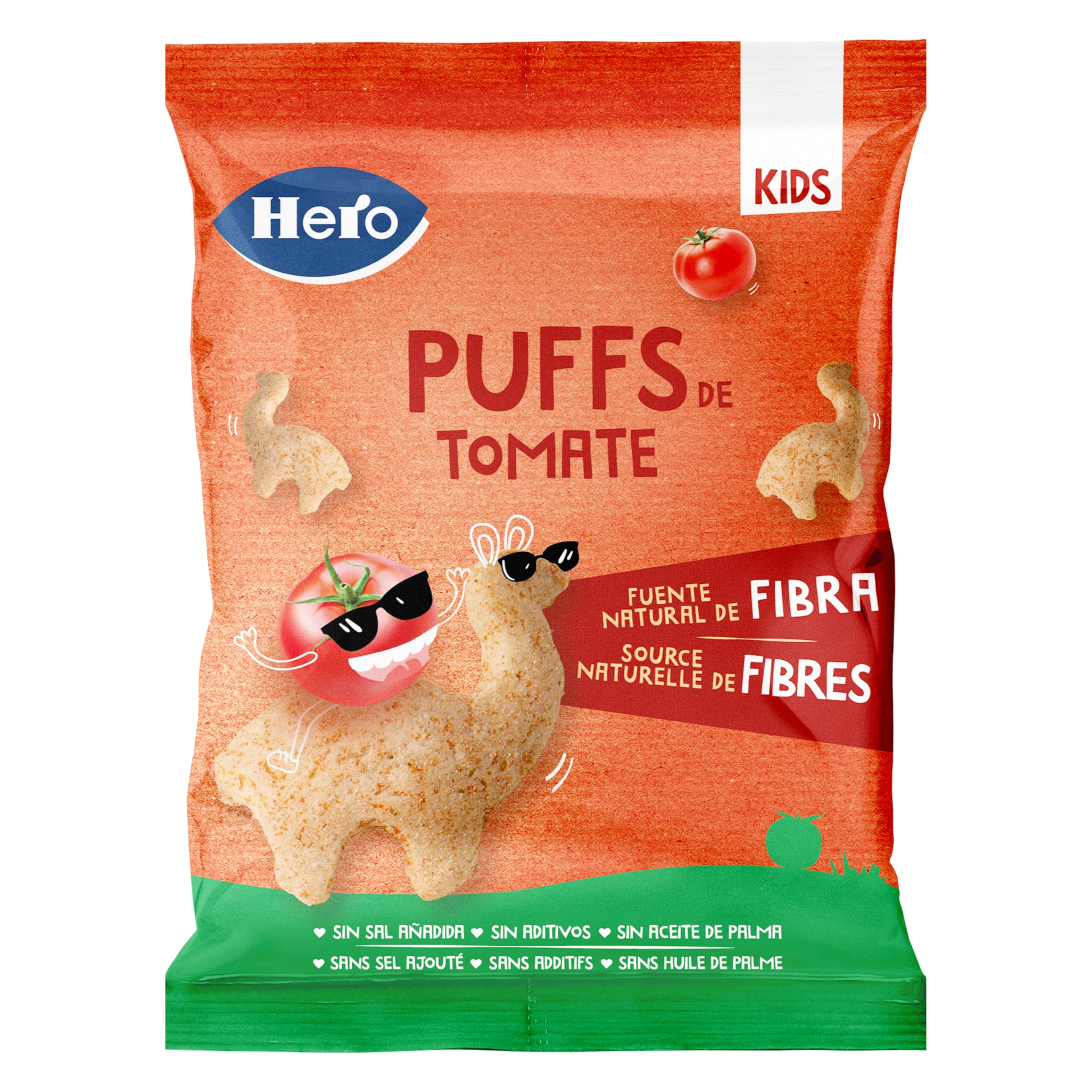 Hero Kids - Puff Snack de tomate, ingredientes 100% naturales, fuente natural de fibra, sin sal añadida, sin aceite de palma, sin aditivos, snack para niños, paquete de 12 x 12 g