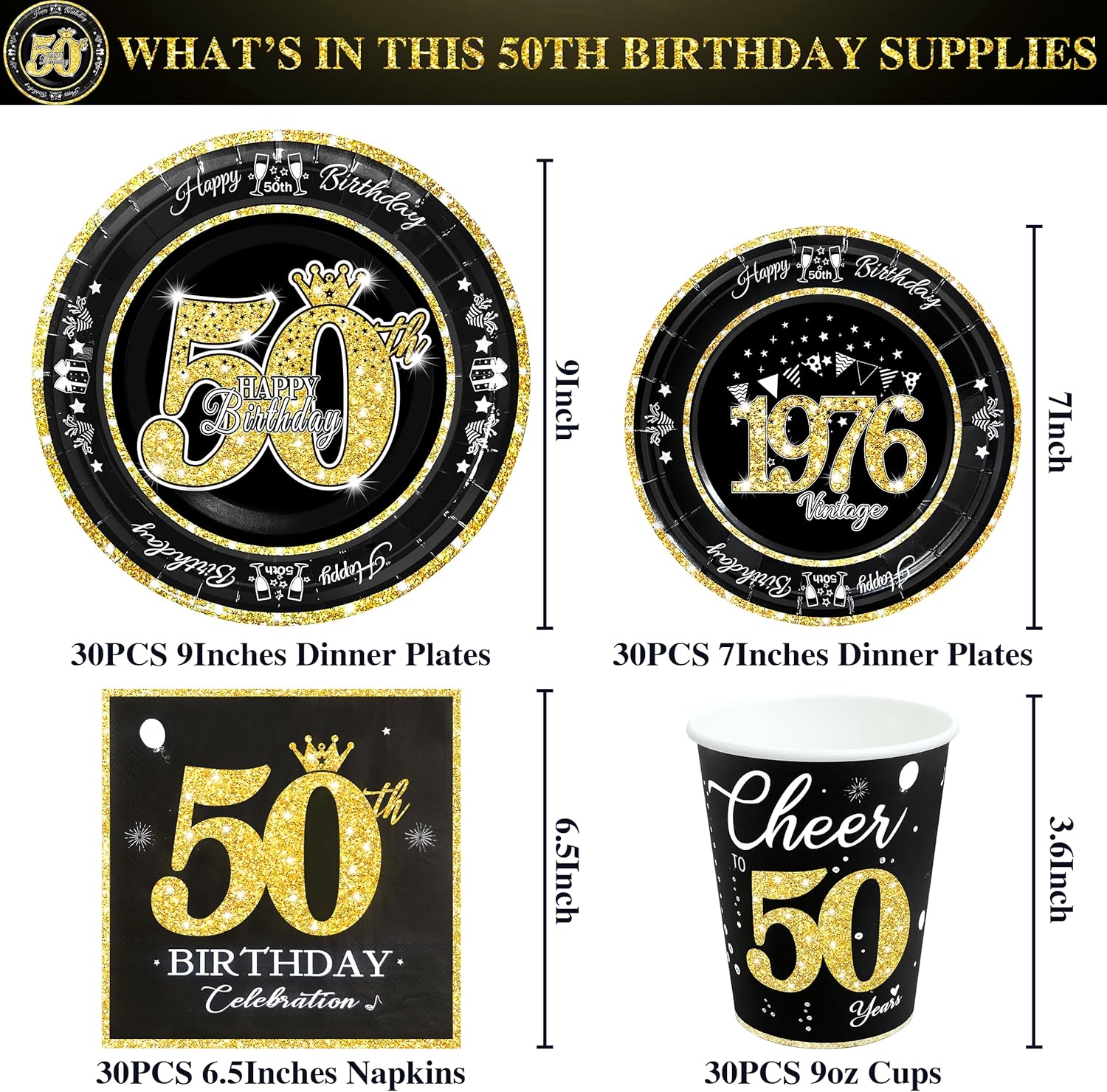 50th Birthday Decorations Black and Gold, Service for 30, Vintage 50th Birthday Party Supplies Includes Black Vintage 1976 Plates, Napkins, Cups 50th Birthday Plates and Napkins for Men Women - Image 2