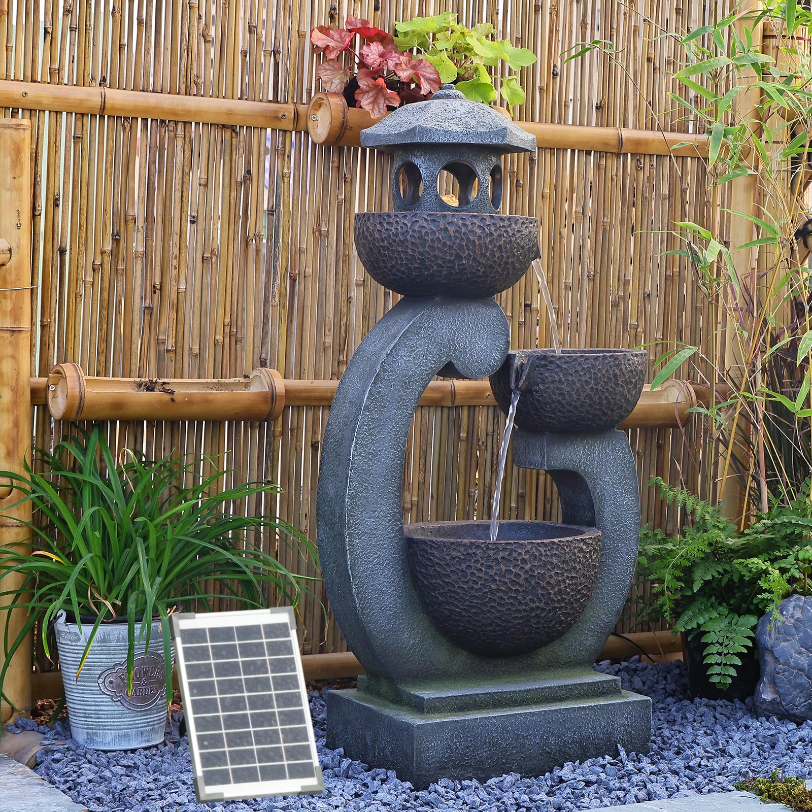 Bumilgar Springbrunnen Solar Gartenbrunnen für Außen mit LED Beleuchtung Zimmerbrunnen Kaskade Brunnen Wasserspiel Wasserfall Brunnen für Garten,Balkon,Terrasse, 89.5x45x27 cm