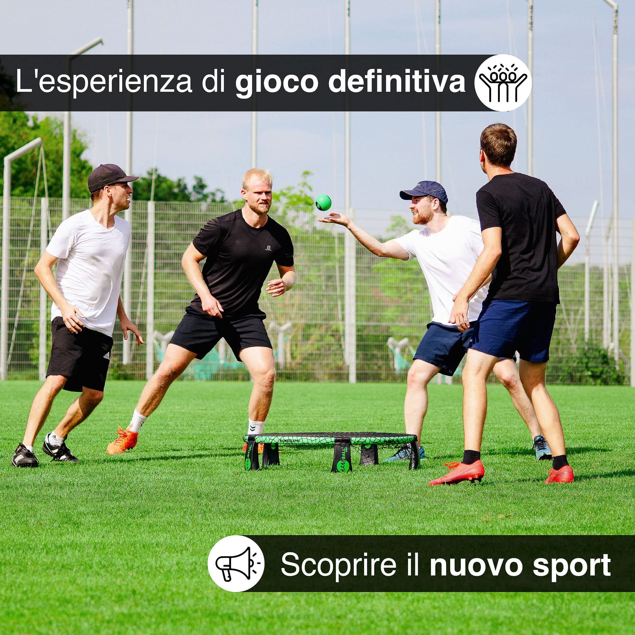 Roundnet Pro Set (Turnier Edition) con 3 palline di nuova concezione, zaino impermeabile, rete migliorata, parti rinforzate del telaio e pompa per palloni