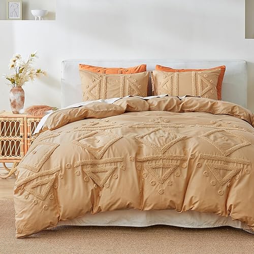 Miniatura 11 de Simple&Opulence Juego de funda de edredón 100% algodón Boho copetudo tamaño Queen, funda de edredón bordada texturizada color azul marino con 2