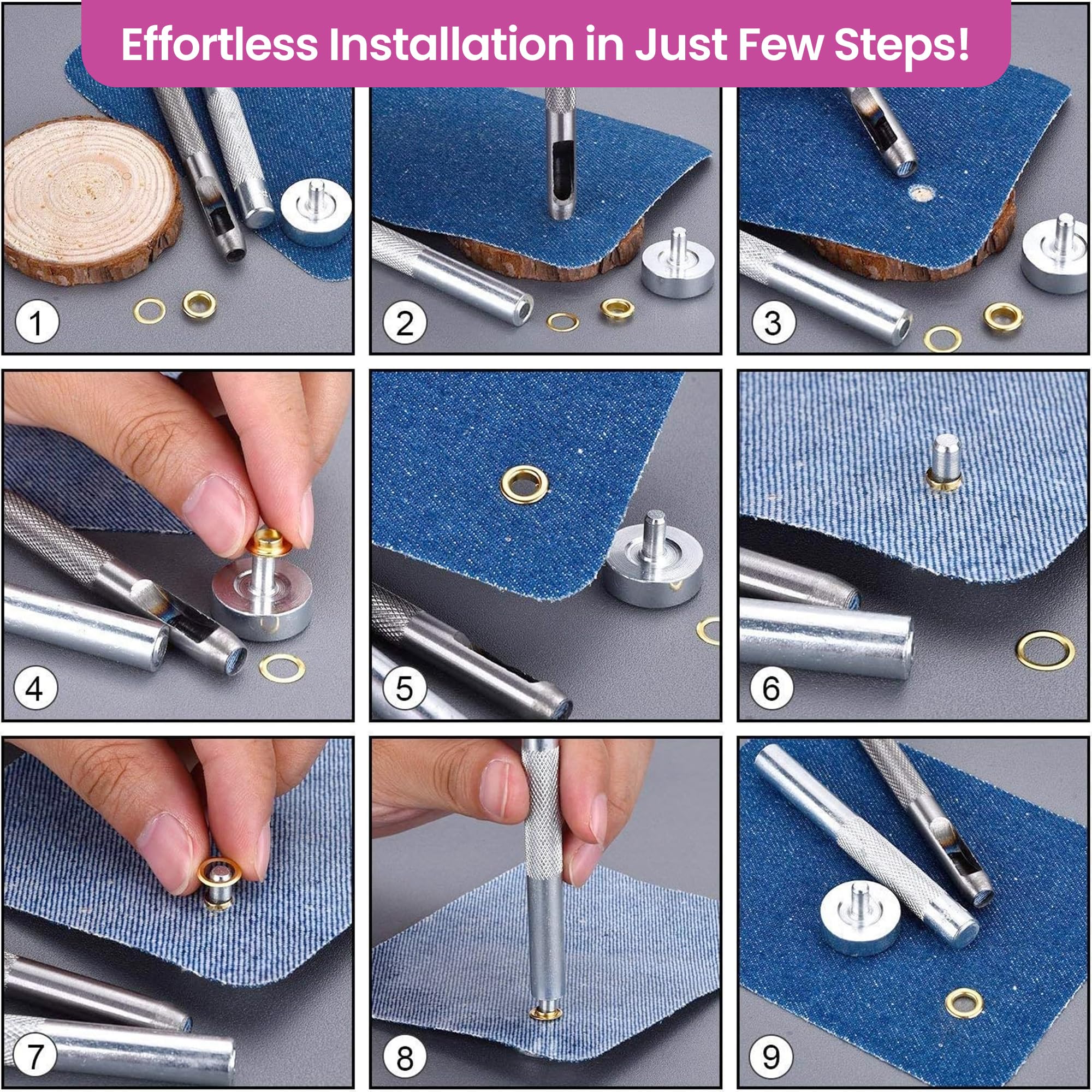 WedDecor Ajuste Ojales Herramientas 100Pcs 20mm Oro Ojales Con 3pcs Herramientas de Mano para Fijación Ojales En Artesanía en Piel, Artes y Manualidades Proyectos, Manualidades, Ropa