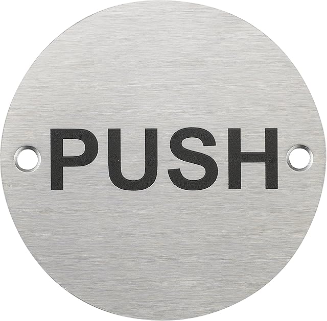 Fire Door Guru® Push Door Sign - 76mm Disc - Stainless Steel Safety Sign - Fixings Included