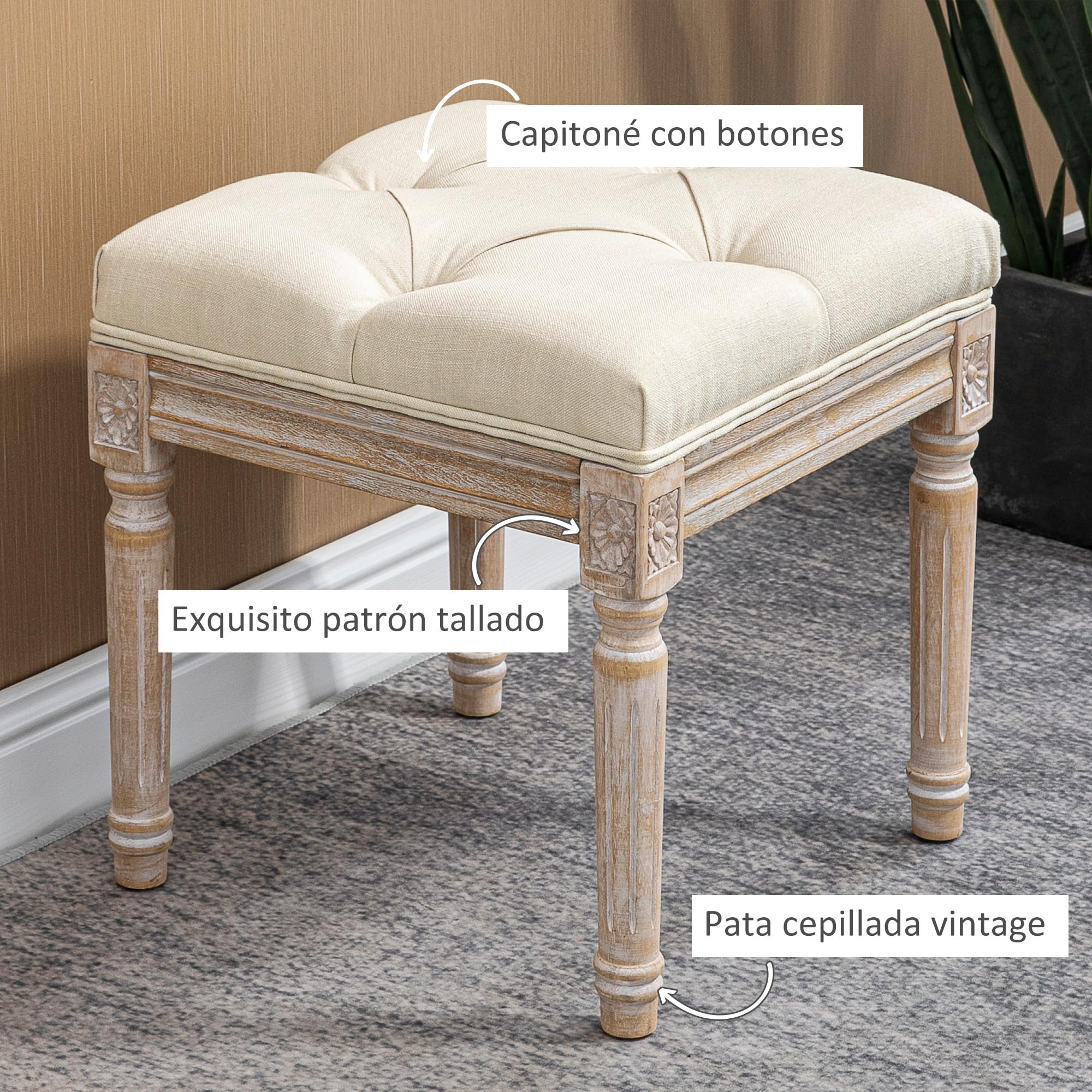 HOMCOM Tabouret pied de lit avec pieds en bois et siège rembourré Charge 120 kg Banquette de chambre pour entrée couloir 40 x 40 x 43 cm Beige