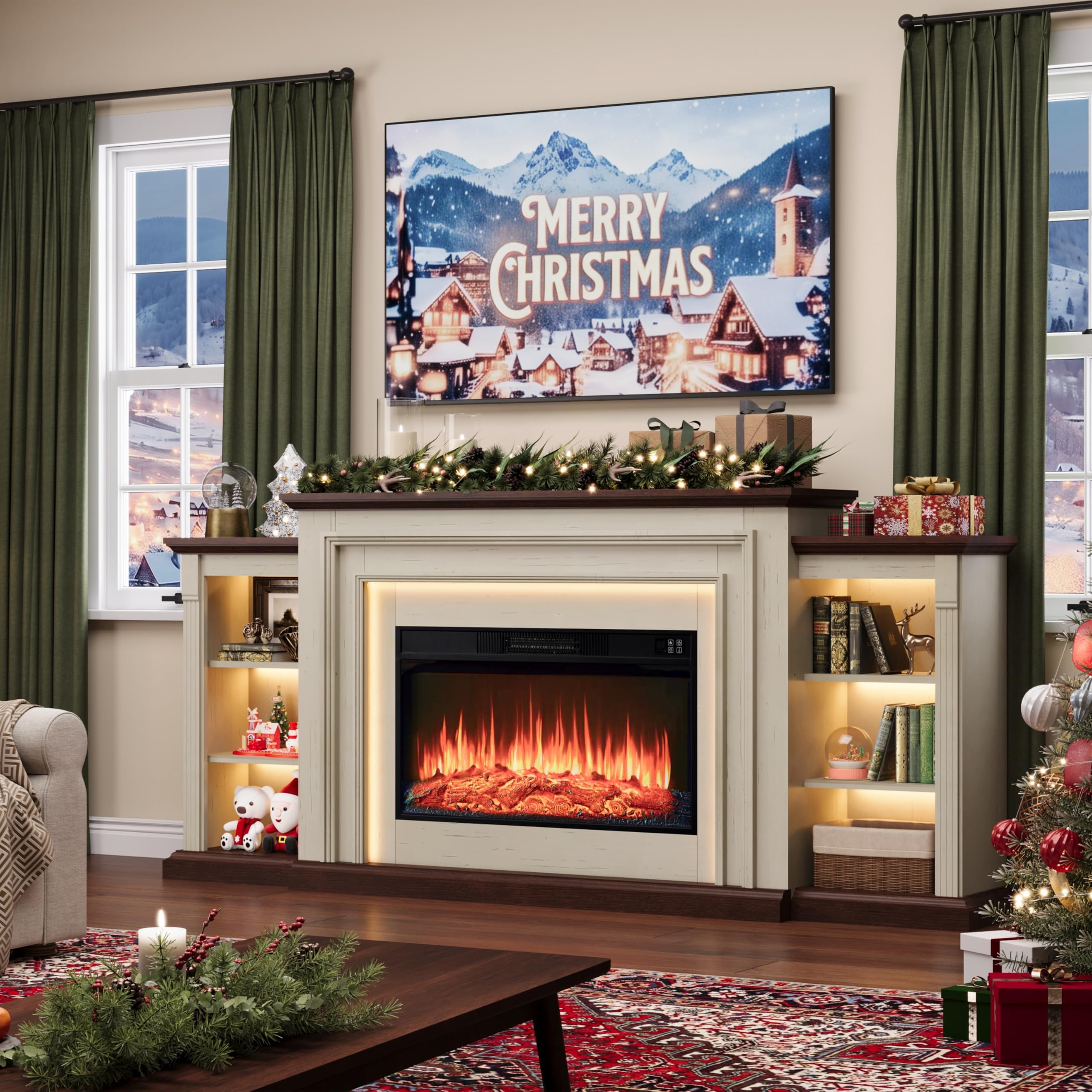 BOSHIRO 80" LED Electric Fireplace TV Stand with Mantel for Living Room