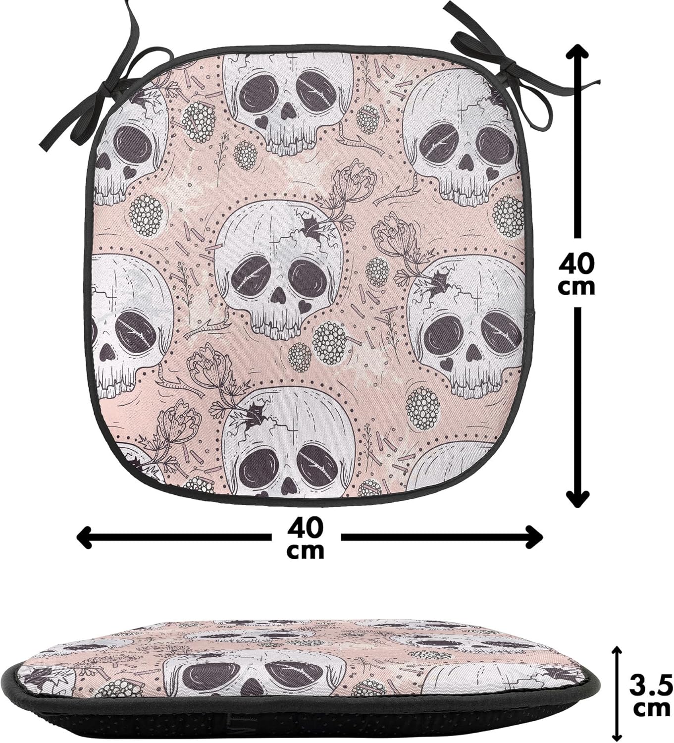Ambesonne Skull Chair Seating Cushion Set of 4, Halloween Traditional Mexican Sugar Day of The Dead Roses Horror Folk Pattern, Anti-Slip Seat Padding for Kitchen & Patio, 16"x16", White Blush Black