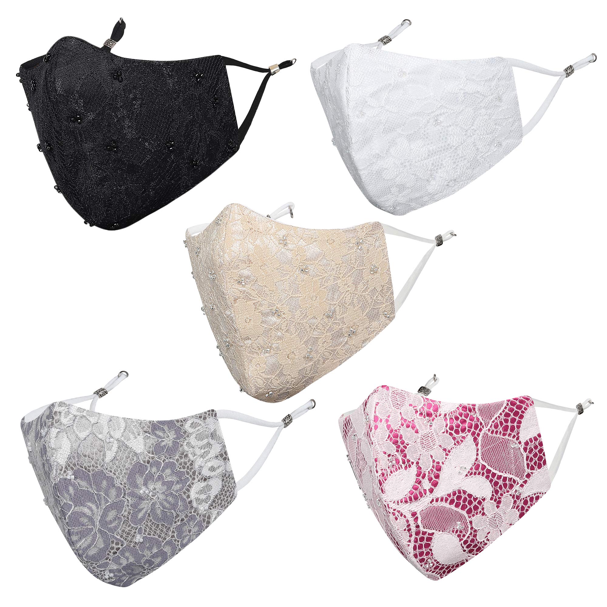MASQ By Q-One Beaded 4 Layer, Reusable with Detachable Chain & Ear Adjusters, Anti-Bacterial Nylon Lace Cloth Face Mask Combo (Large, Black-Grey-Beige-White-Pink, Without Valve, Pack of 5) for Women (B08SQ9GJ7M) Amazon Price History, Amazon Price Tracker