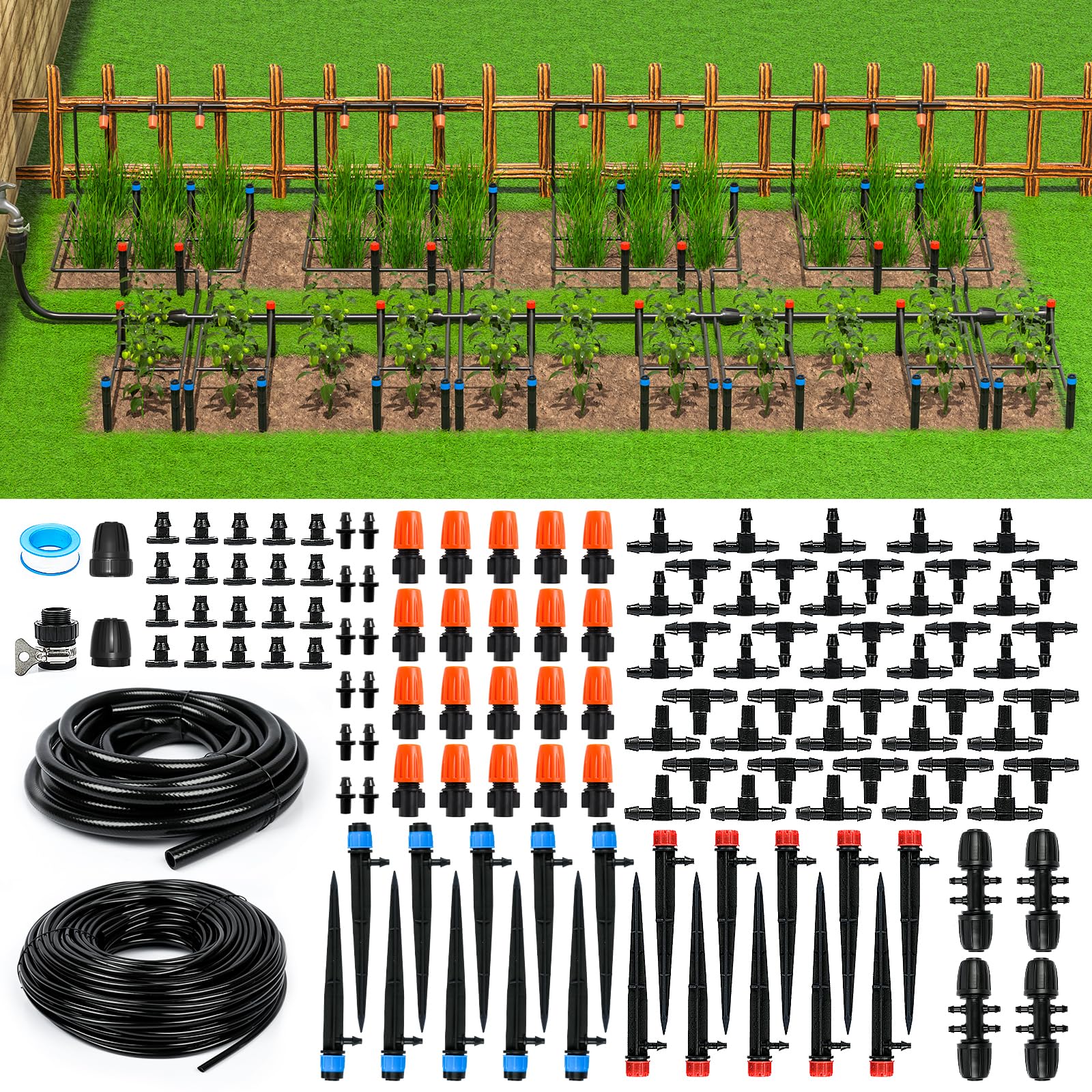 MIXC 226FT Greenhouse Micro Drip Irrigation Kit Automatic Irrigation System Patio Misting Plant Watering System with 1/4 inch 1/2 inch Irrigation Tubing Hose Adjustable Nozzle Emitters Barbed Fittings