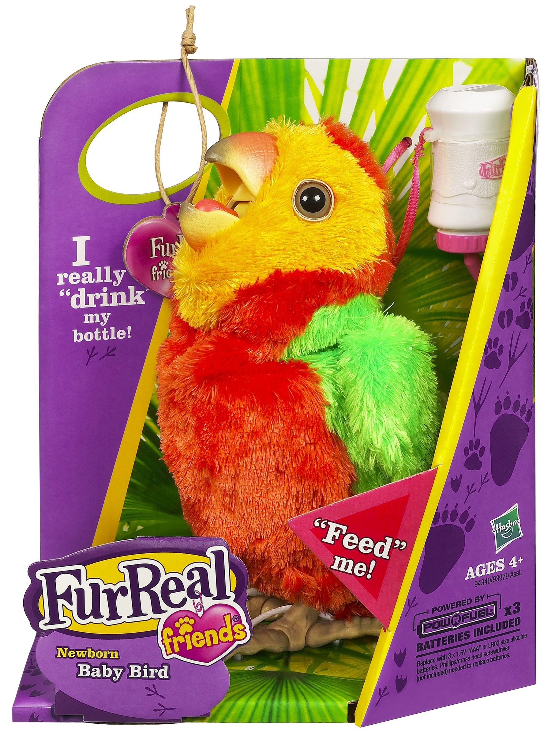 FurReal Newborn Parrot in green and orange colors, showing its overall design.