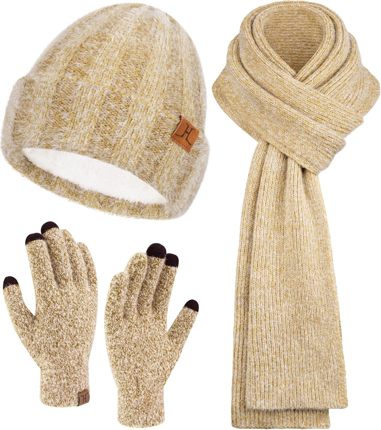 Womens Winter Warm Knit Beanie Hat Touchscreen Gloves Long Neck Scarf Set with Fleece Lined Skull Caps Gifts for Women