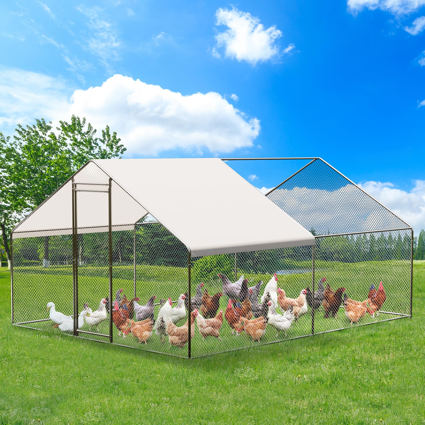 Large Metal Chicken Coop, Large Chicken Pen, Chicken Runs for Yard with Waterproof and Anti-UV Cover, Duck Rabbit House Outdoor (9.8'L x 13.1'W x 6.5'H)