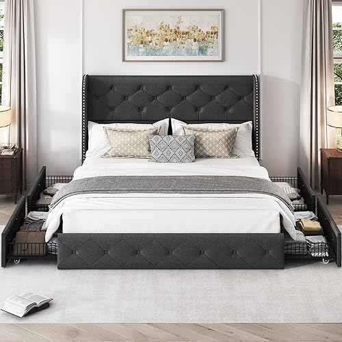 Miniatura 89 de LARMACE - Marco de cama tamaño King con 4 cajones de almacenamiento y cabecera tapizada con botones, cama de plataforma tapizada en lino con