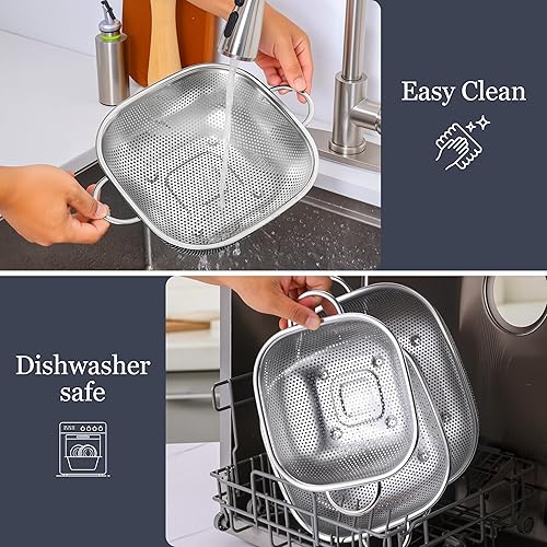 Miniatura 6 de E-far Paquete de 3 coladores para cocina, colador cuadrado de metal de acero inoxidable con asa para drenar alimentos, pasta, verduras,